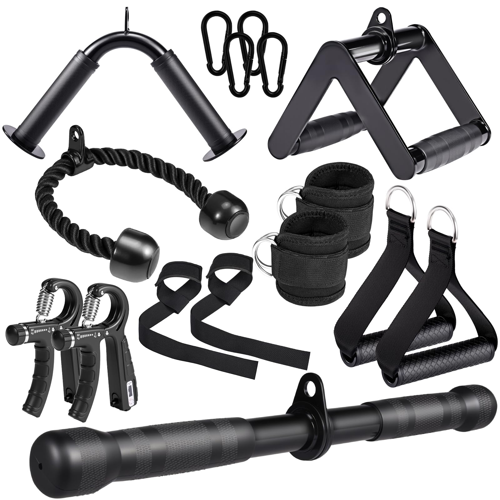 YORWHIN 10-in-1 Cable Machine Attachments Set for Gym - Includes Tricep Rope, V-Bar, Straight Bar, D-Handle, Ankle/Wrist Straps, Storage Bag - Compatible with LAT Pulldown & Home Gym Cable Machines