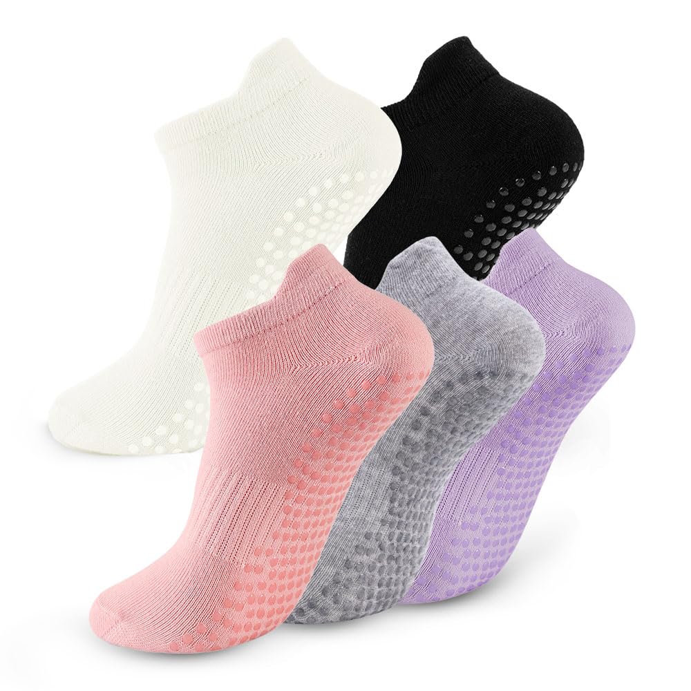 5 Pairs Pilates Socks with Grips for Women Non Slip Grip Yoga Crew Socks for Barre Hospital Barefoot