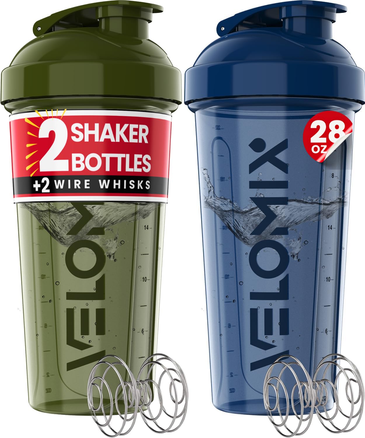 VELOMIX -2 Pack- 28 oz Protein Shaker Bottles for Protein Mixes - 2x Wire Whisk | Leak Proof Shaker Cups for Protein Shakes and Pre Workout | Protein Shaker Bottle Pack (A2) Blue/Green