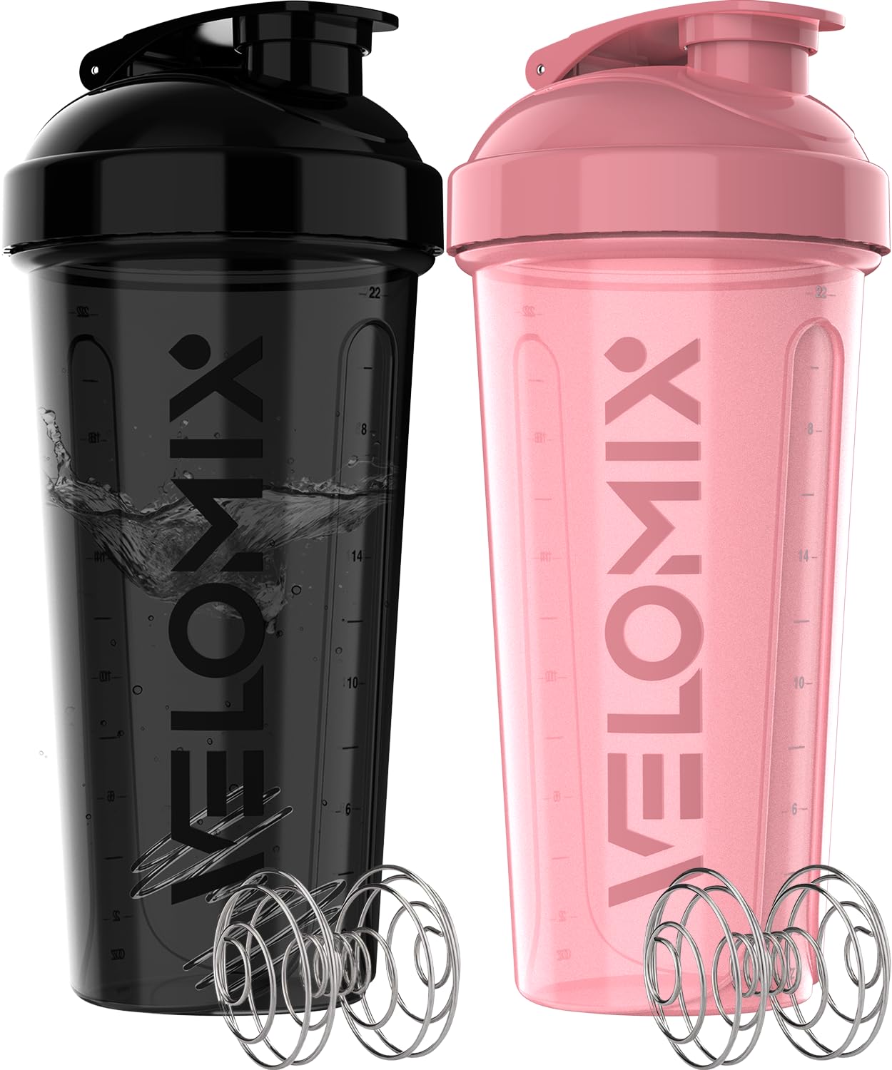VELOMIX -2 Pack- 28 oz Protein Shaker Bottles for Protein Mixes - 2x Wire Whisk | Leak Proof Shaker Cups for Protein Shakes and Pre Workout | Protein Shaker Bottle Pack (A7) Pink/Black