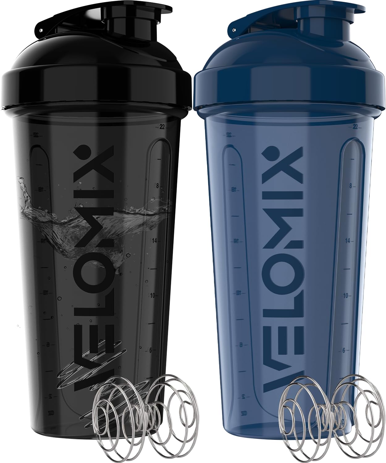 VELOMIX -2 Pack- 28 oz Protein Shaker Bottles for Protein Mixes - 2x Wire Whisk | Leak Proof Shaker Cups for Protein Shakes and Pre Workout | Protein Shaker Bottle Pack (A4) Blue/Black