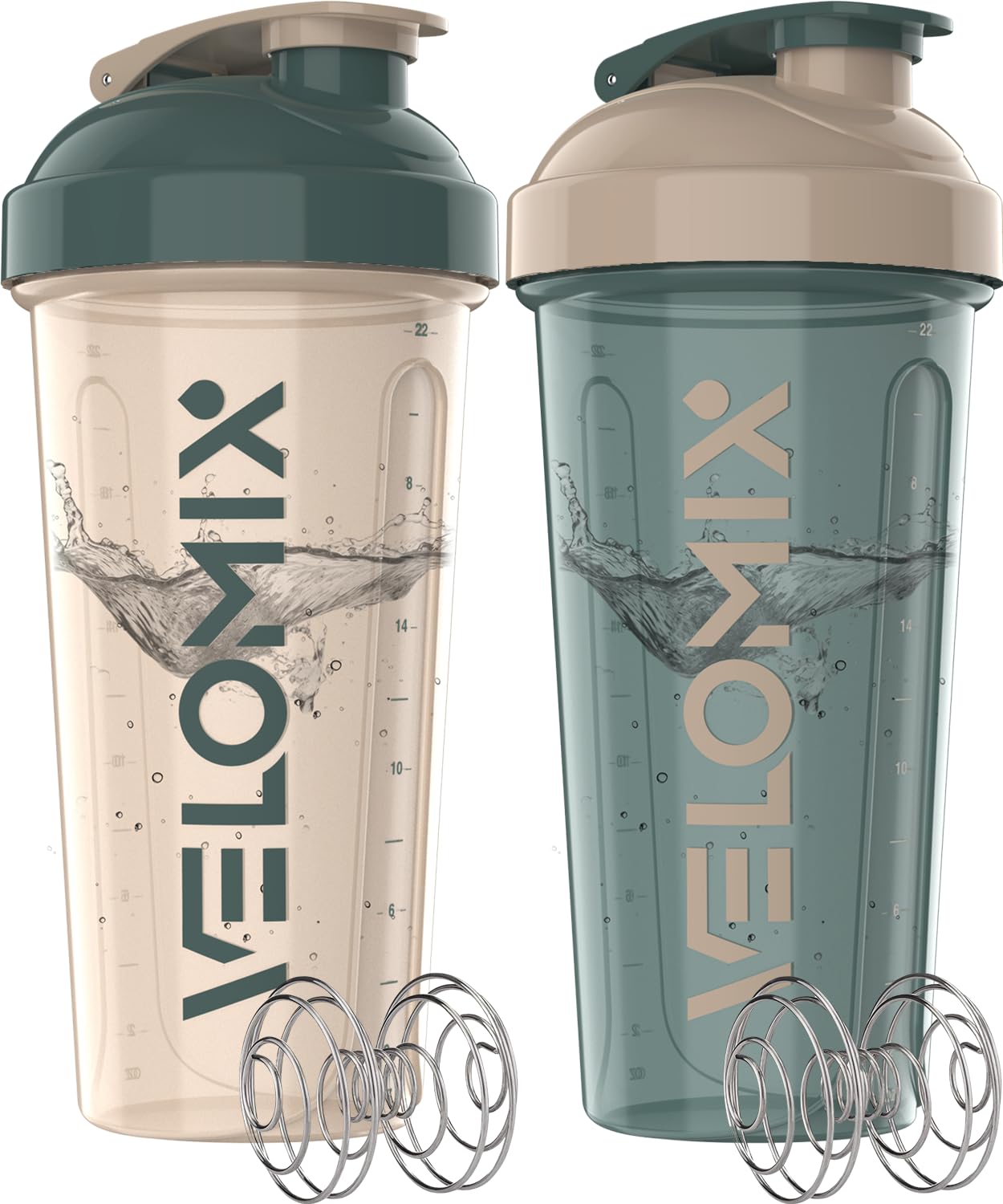 VELOMIX -2 Pack- 28 oz Protein Shaker Bottles for Protein Mixes - 2x Wire Whisk | Leak Proof Shaker Cups for Protein Shakes and Pre Workout | Protein Shaker Bottle Pack (A6) Blue/Beige