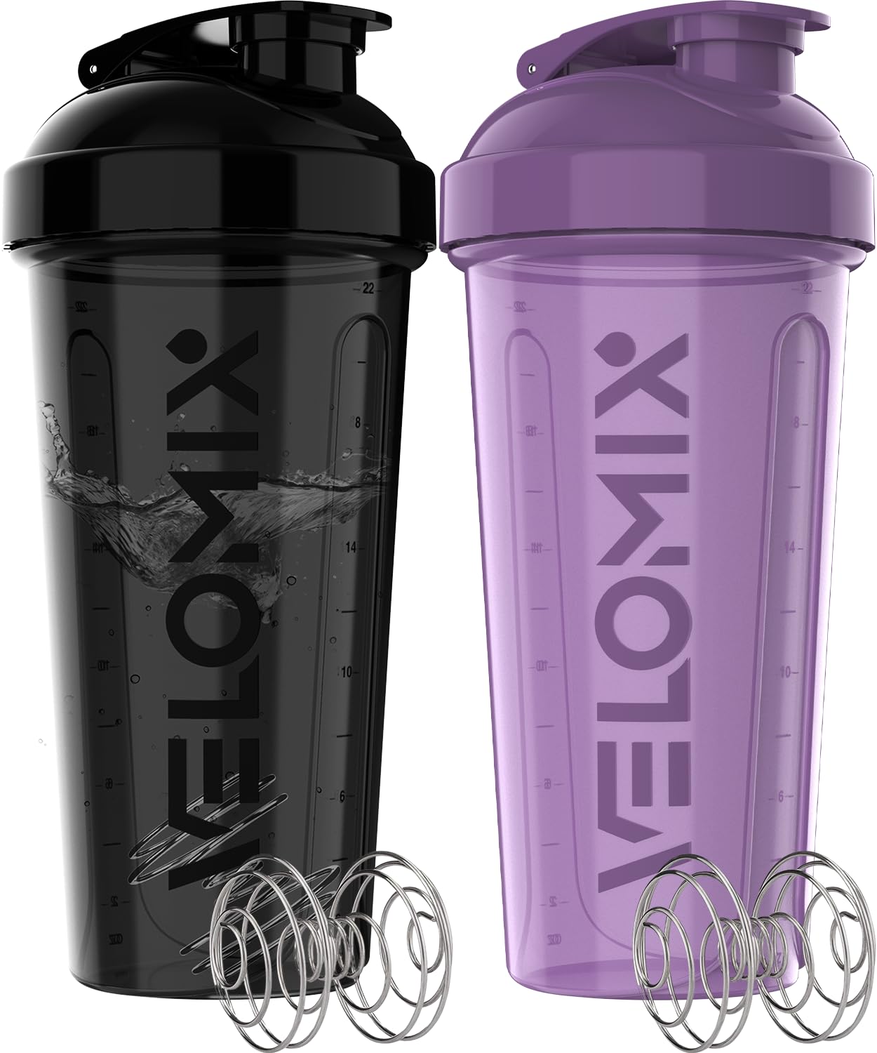 VELOMIX -2 Pack- 28 oz Protein Shaker Bottles for Protein Mixes - 2x Wire Whisk | Leak Proof Shaker Cups for Protein Shakes and Pre Workout | Protein Shaker Bottle Pack (Purple/Black)