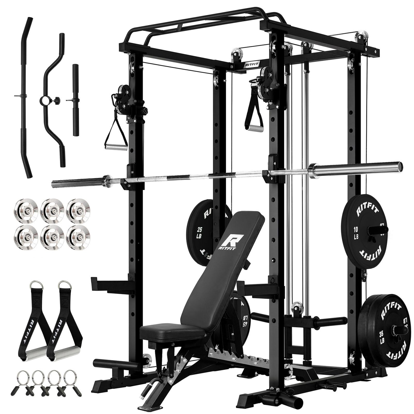 RitFit Multi-Function Garage & Home Gym Package Includes 1200LBS Power Cage PPC03/P3 with Cable Crossover System, Weight Bench, Olympic Barbell Weight Set, Full Body Workout