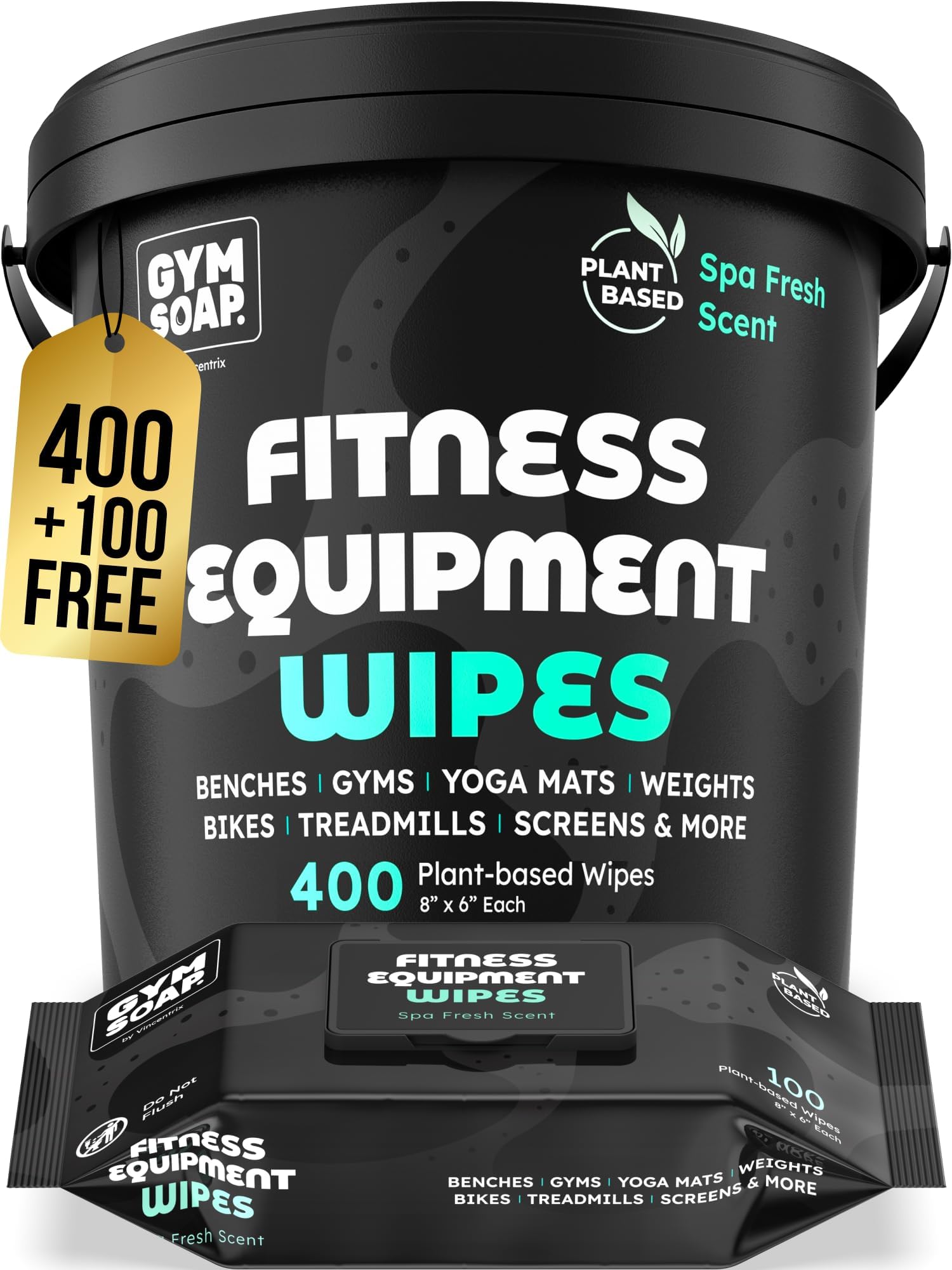 Gym & Yoga Mat Cleaner Wipes, Plant Based - 500 Gym Equipment Wipes to Clean Exercise Equipment, Treadmill, Peloton Bikes - Gym Supplies, Yoga Supplier, Cleaning Wipes for Home & Gym - Spa Fresh Scent