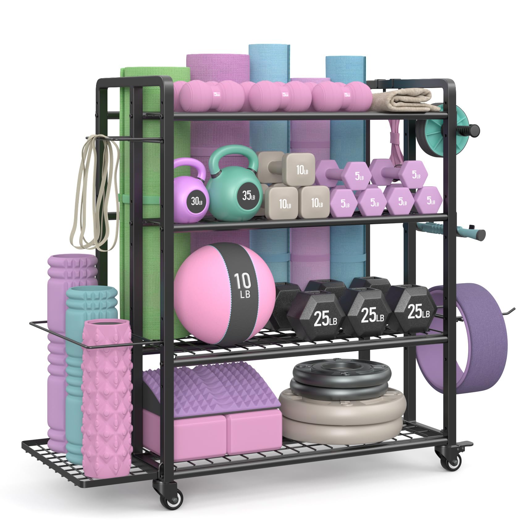 4-Tier Dumbbell Rack Stand Only, Adjustable Weight Rack for Dumbbells Kettlebells Yoga Mat, Home Gym Storage Rack with Wheels and Hooks, Powder Coated Finish