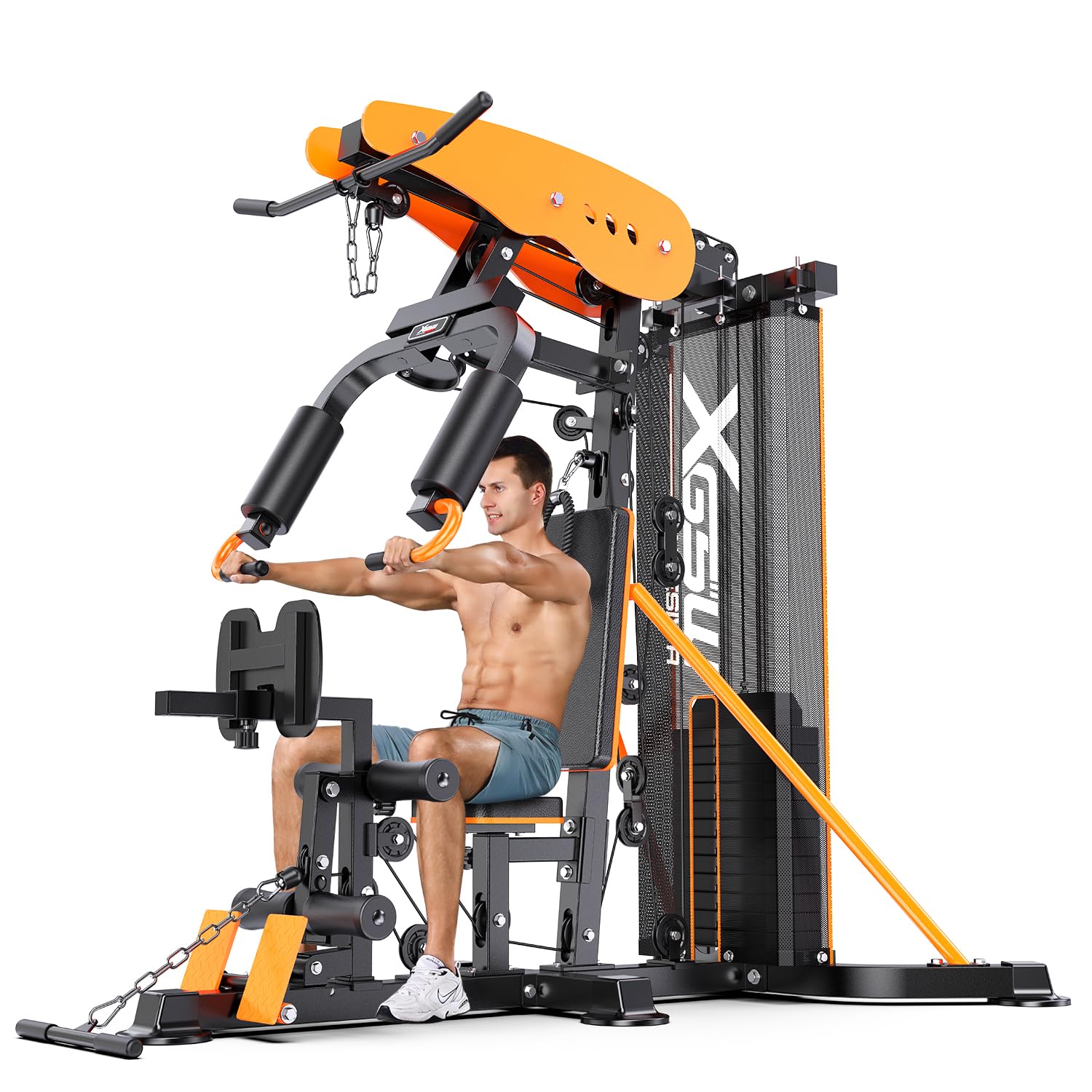 XGSW Multi-Function Home Gym Workout Station, Featuring a Pulley System, arm Trainer, and Leg Trainer for Full-Body Workouts.