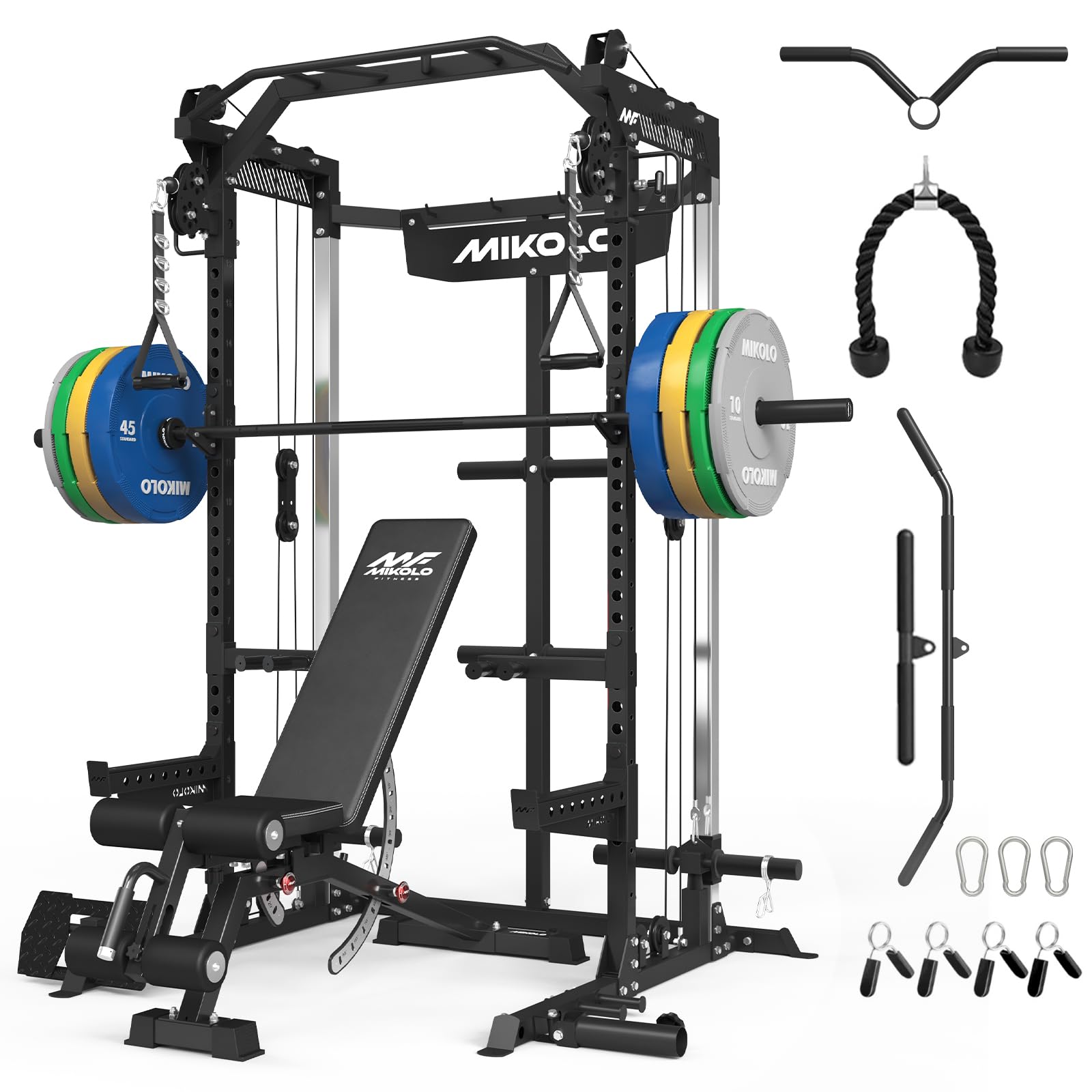 Mikolo Power Cage, 2000LB Power Rack with Independent Dual Pulley System, Multi-Function Home Gym Workout Machine for Cable Crossover and Squat