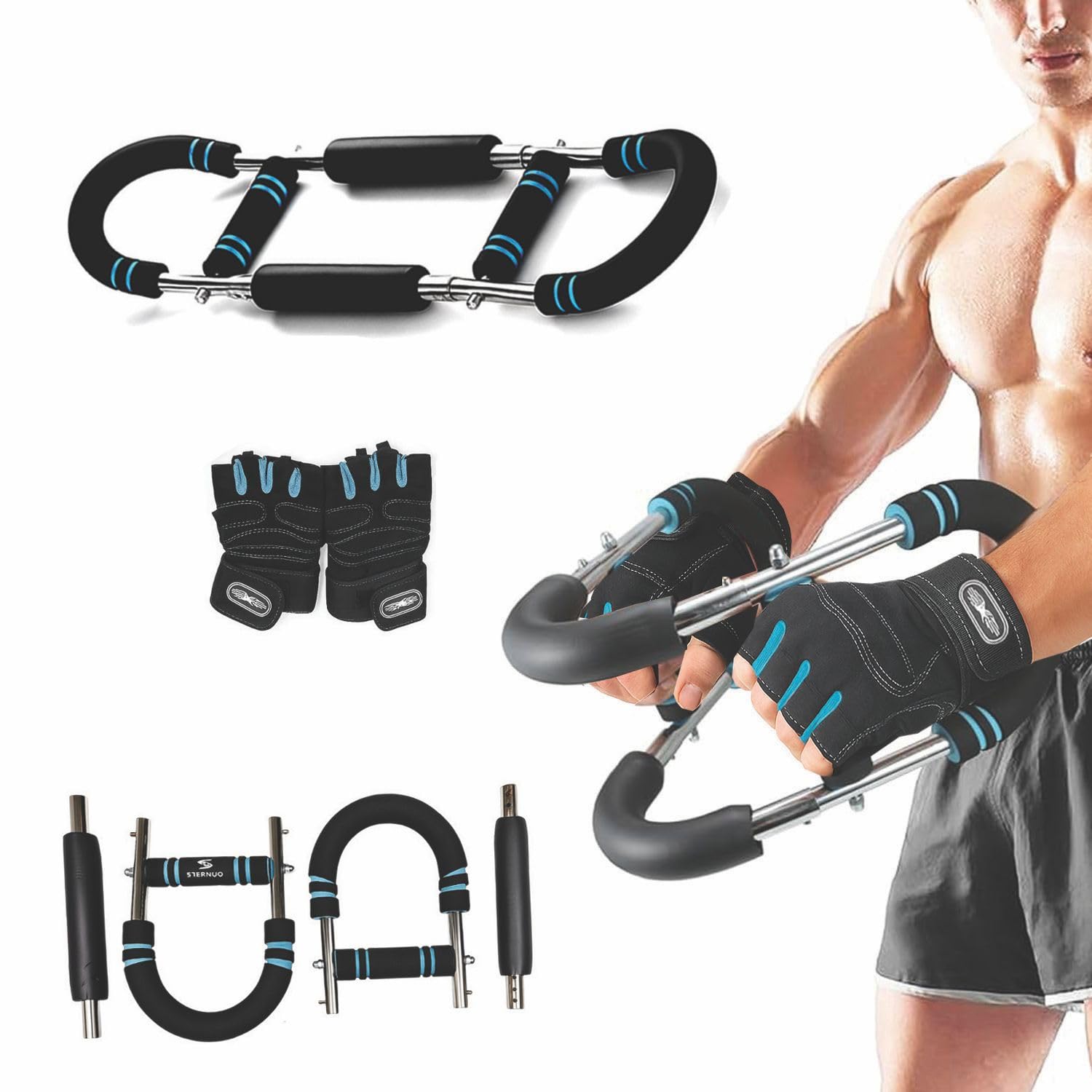 Twister Arm Trainer + Gym Gloves – Adjustable Upper Body Resistance Trainer for Arms, Chest, Shoulders & Back – Home Workout Equipment with Non-Slip Gloves for Men & Women