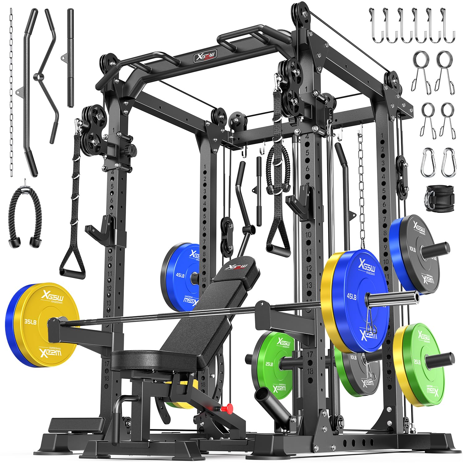 Power Rack Power Cage Multi-Function Squat Rack with Cable Crossover System Selectable More Training Attachment Power Rack for Garage & Home Gym