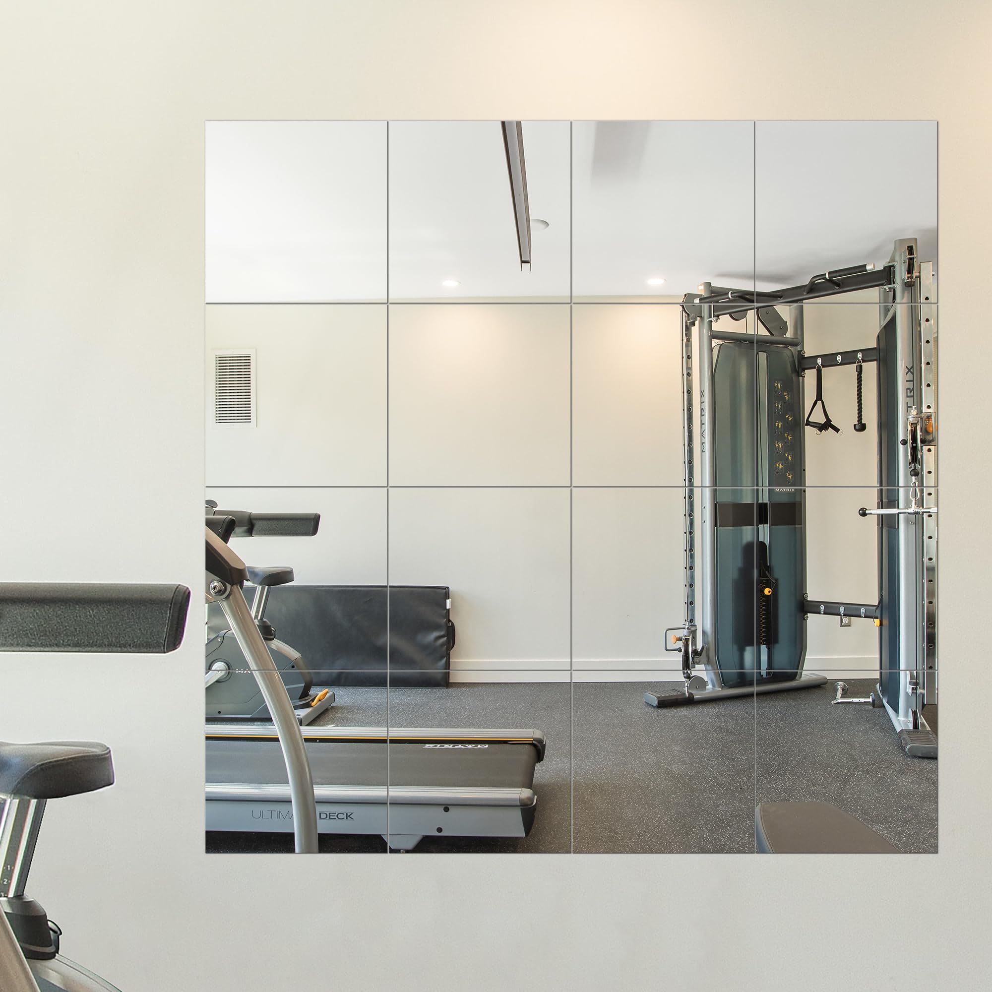 Delma Home Gym Mirrors, 12'' x 12'' Glass Mirror Tiles, 16 PCS | Square Large Wall Mirror, For Home Gym, Bedroom, Door, Bathroom, Frameless Mirror Sets