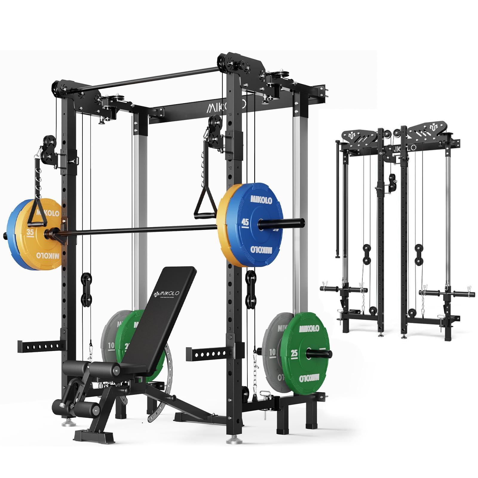 Mikolo Folding Squat Rack, Wall Mounted Power Rack with Cable Crossover Machine & LAT Pull Down, Functional Trainer with 5 Adjustable Function Modes, Home Gym Package