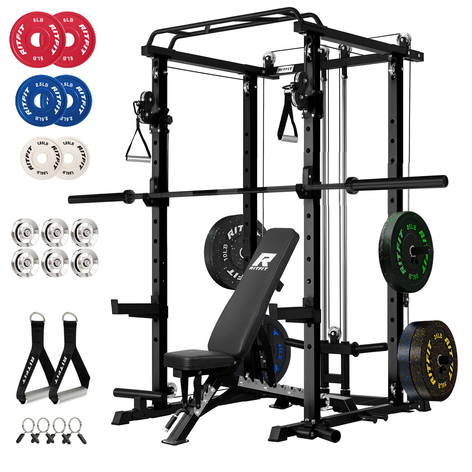 RitFit Multi-Function Garage & Home Gym Package Includes 1200LBS Power Cage PPC03/P3 with Cable Crossover System, Weight Bench, Olympic Barbell Weight Set, Full Body Workout
