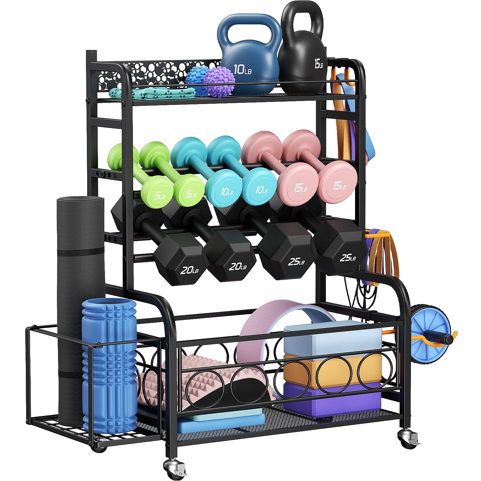 Dumbbell Rack, VOPEAK Adjustable Weight Rack for Home Gym, Home Gym Storage Rack for Yoga Mat Kettlebells and Strength Training Equipment, Weight Storage Rack for Dumbbells with Wheels