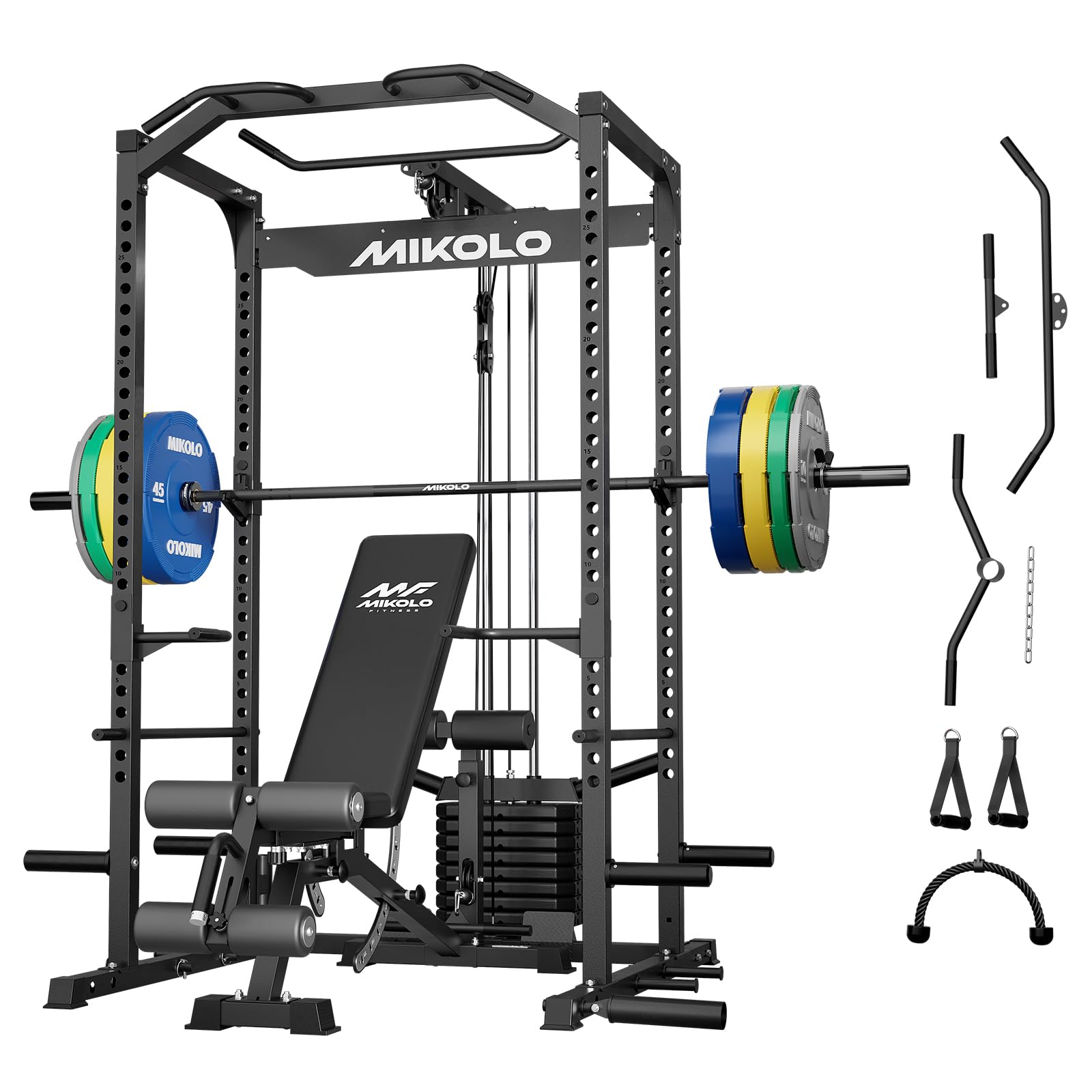Mikolo F4-2.0 Elite Power Cage with Weight Stack & Dual-Track Smooth Pulley System for Home Gym, 1200LBS Squat Rack with Leg Hold-Down for Heavy LAT Pulldowns (Black with Bench&Bar&230LB CP)
