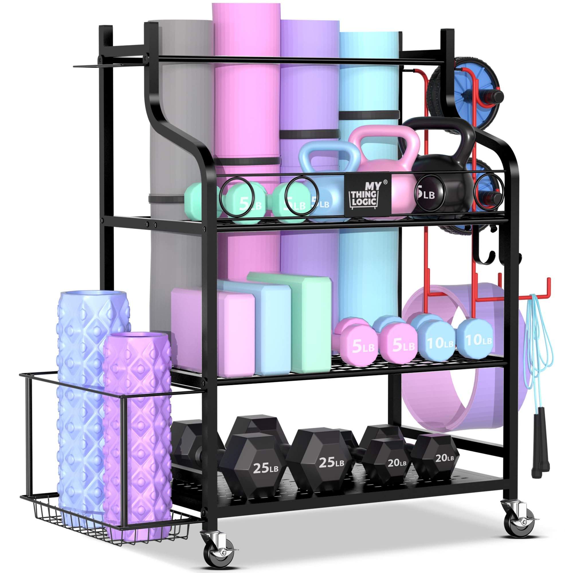Mythinglogic Yoga Mat Storage Racks,Home Gym Storage Rack for Dumbbells Kettlebells Foam Roller, Yoga Strap and Resistance Bands, Workout Equipment Storage Organizer With Hooks and Wheels