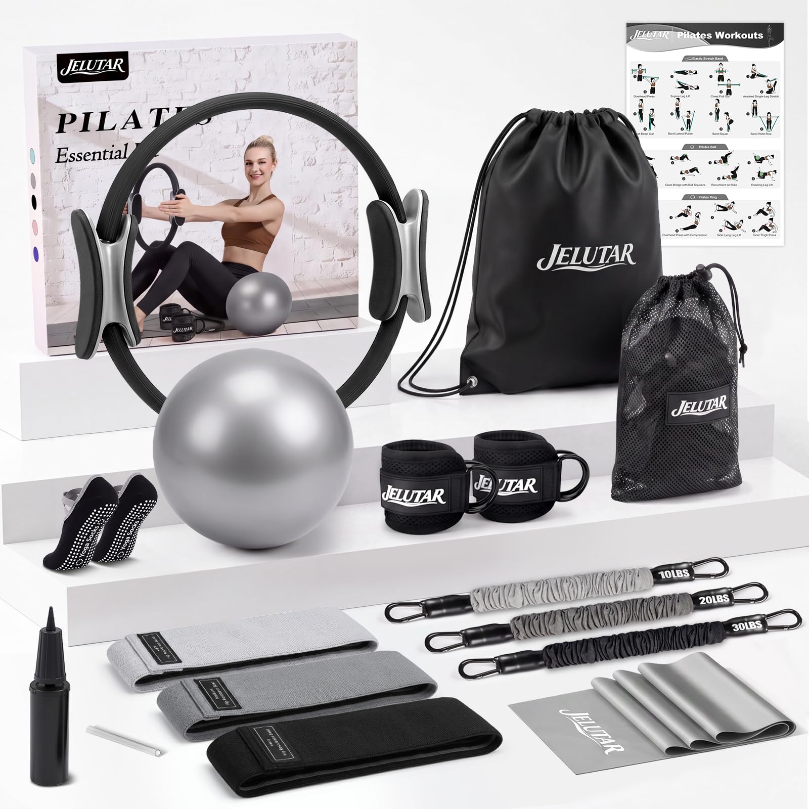 JELUTAR Pilates Kit for Women Home Workout, Pilates Equipment Set with 14" Pilates Ring and Ball, Fabric Resistance Bands, Exercise Band, Ankle Straps, Grip Socks Gym Accessories Fitness Essentials