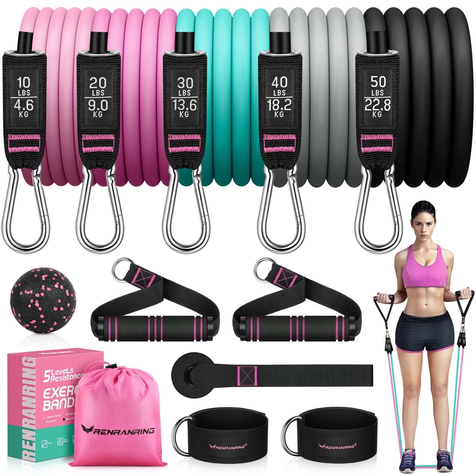 RENRANRING Resistance Bands for Working Out, 150LBS Exercise Bands, Workout Bands, Resistance Bands Set with Handles for Men Women, Legs Ankle Straps