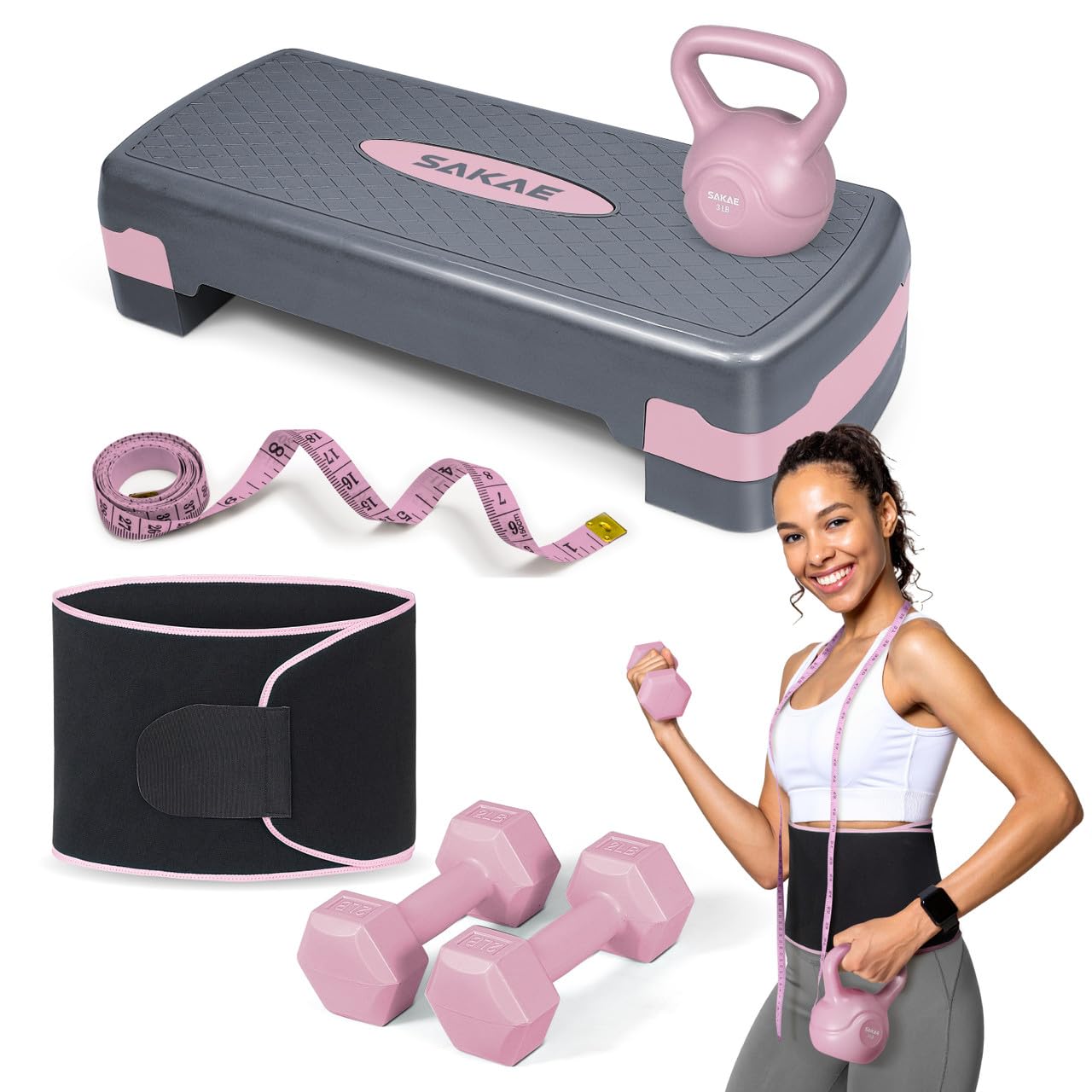 Adjustable Height Aerobic Stepper Set, Multiple Bundle Options with Dumbbells, Kettlebell, Waist Trimmer, Ankle Weights or Weighted Vest, Workout Exercise Step Platform w/Level Risers, 4 Colors