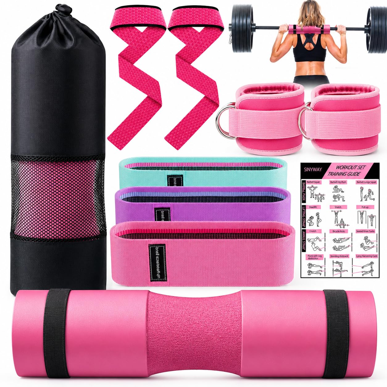 SINYWAY Barbell Pad Set for Squat,10 PCS Hip Thrusts Workout Foam Weight Lifting Bar Cushion with 2 Gym Ankle Straps,3 Hip Resistance Bands,2 Lifting Strap,Barbell Pad and Carry Bag