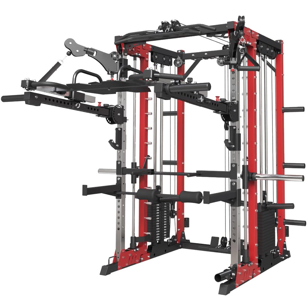 Commercial Smithe Machine with 308lb Dual Weight Stacks, 4000LBS Power Cage Squat Rack with Lever Arm & Leg Press, Multi-Function Linear Bearing Cable Crossover Machine Home Gym
