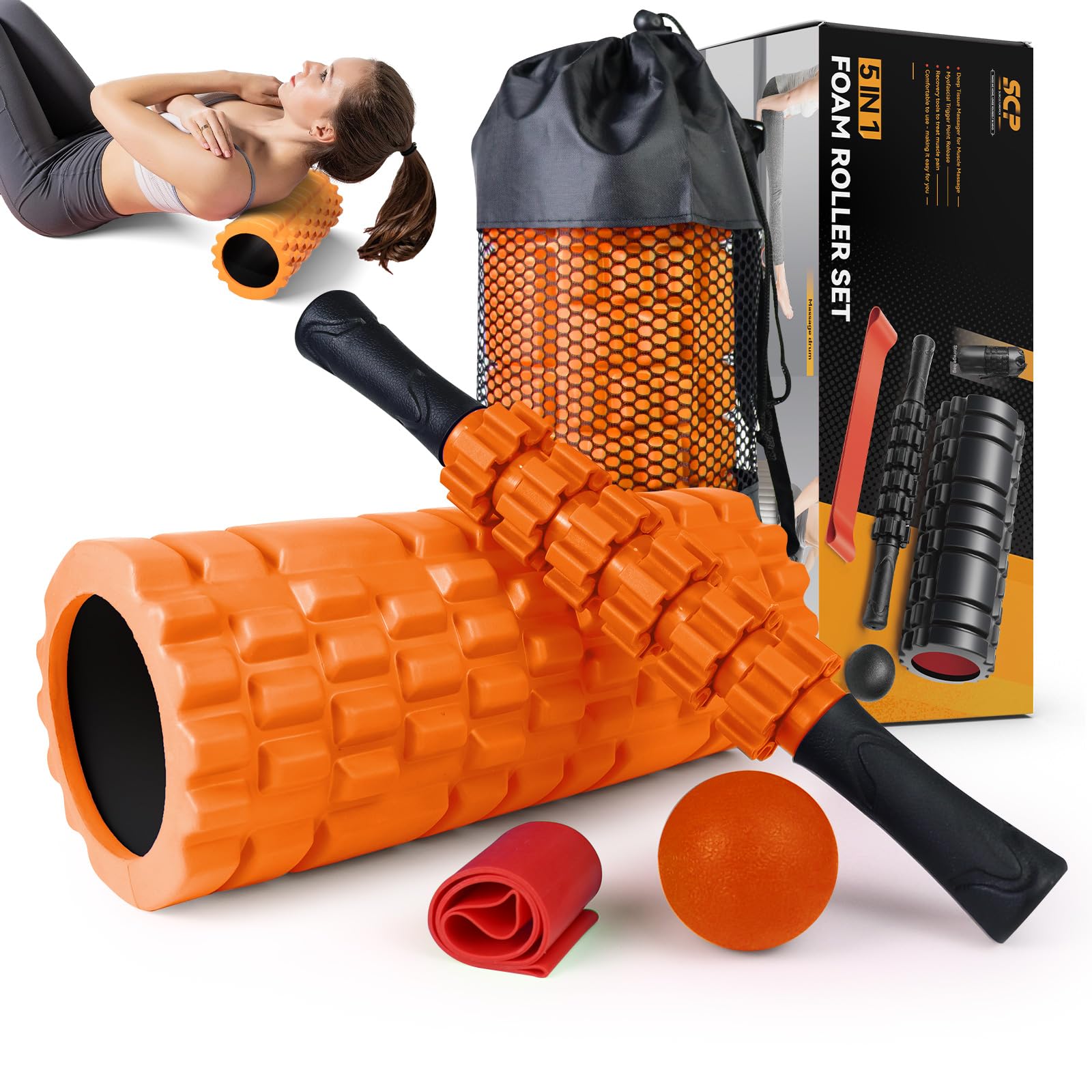 SUBCULTUREPICK 5-in-1 Foam Roller Set for Deep Tissue Muscle Massage, Trigger Point Fitness Tool with Muscle Stick Roller, Massage Ball, Stretching Strap for Whole Body (Orange-New)