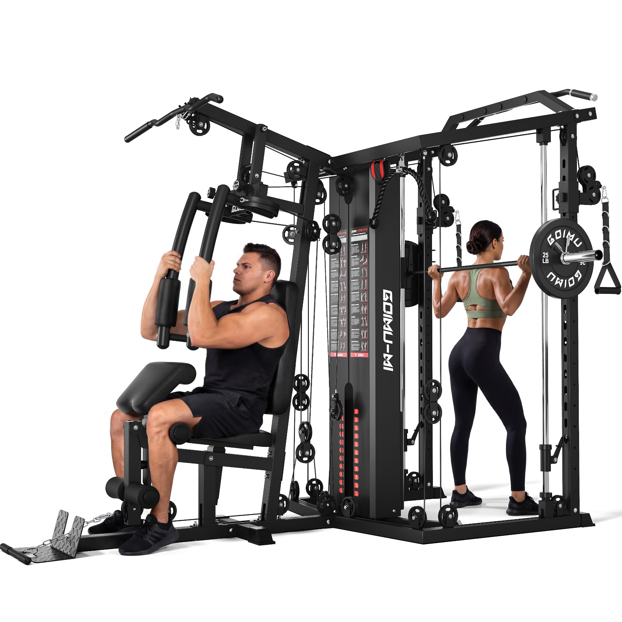 DM01 Dual-Station Smith Machine Home Gym, 140LB Weight Stack with LAT Pull-Down & Leg Press, All-in-One Workout Station for Couples & Family Strength Training