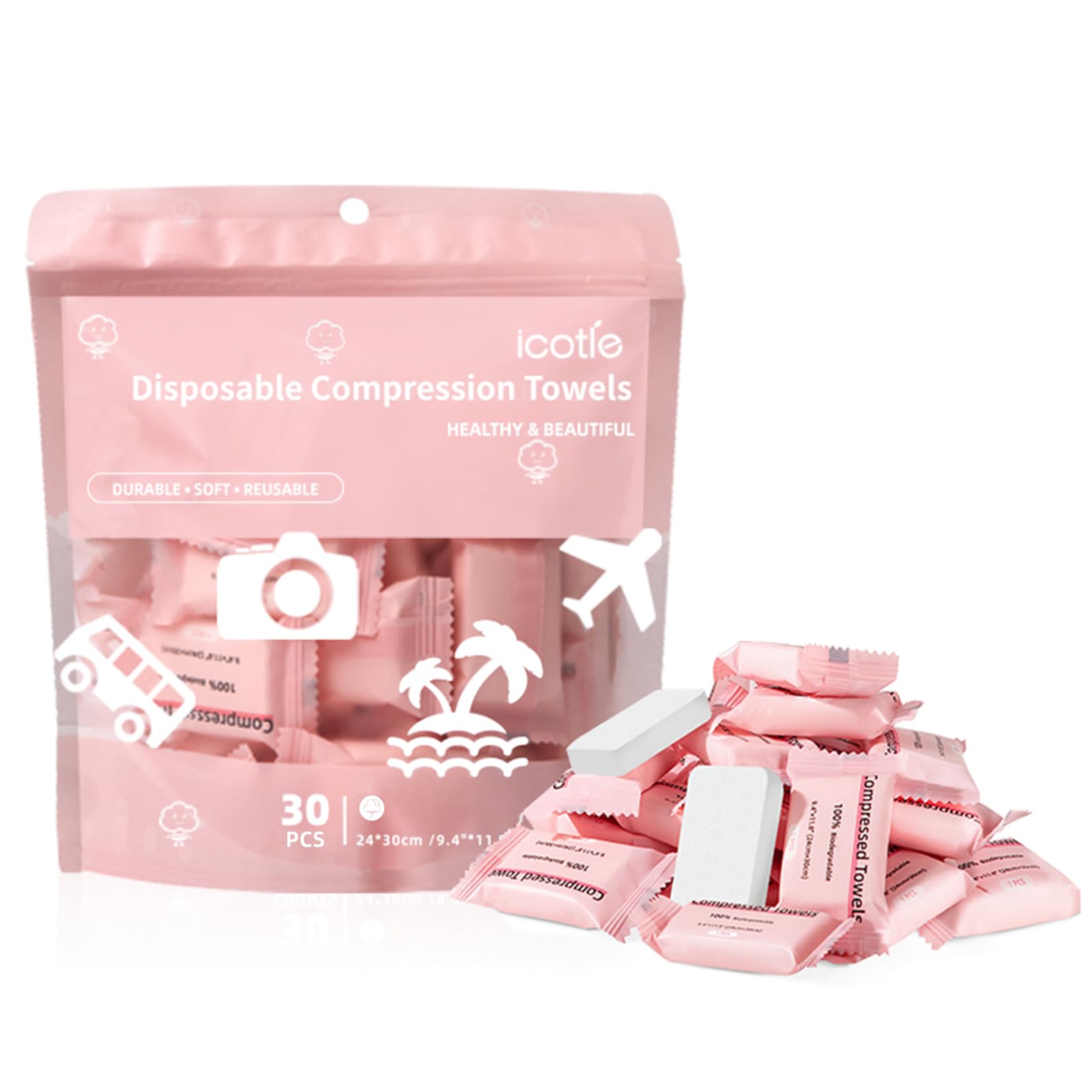 ICOTLE Compressed Towel 30 Pcs Disposable Compressed Face Towel Portable Cotton Coin Tissue Camping Towel for Travel/Home/Outdoor Activities