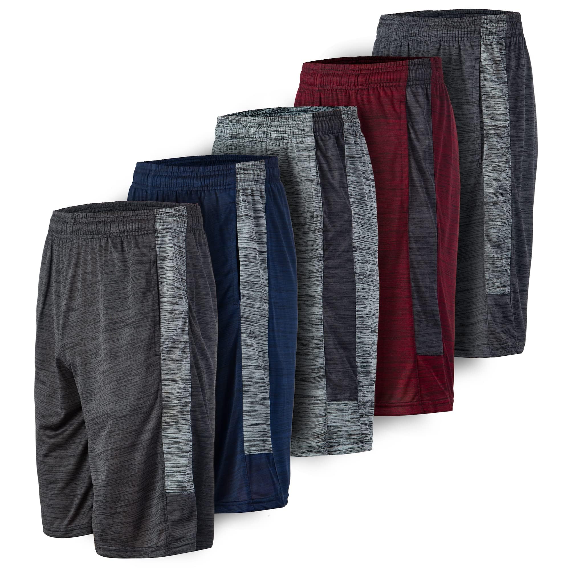 Essential Elements Men's Quick Dry 5 Pack Athletic Shorts with Pockets | Lightweight Sweat Wicking Fabric With a Breathable Stretch Fit and Elastic Waist, Ideal for Gym Workouts and Running, Pockets