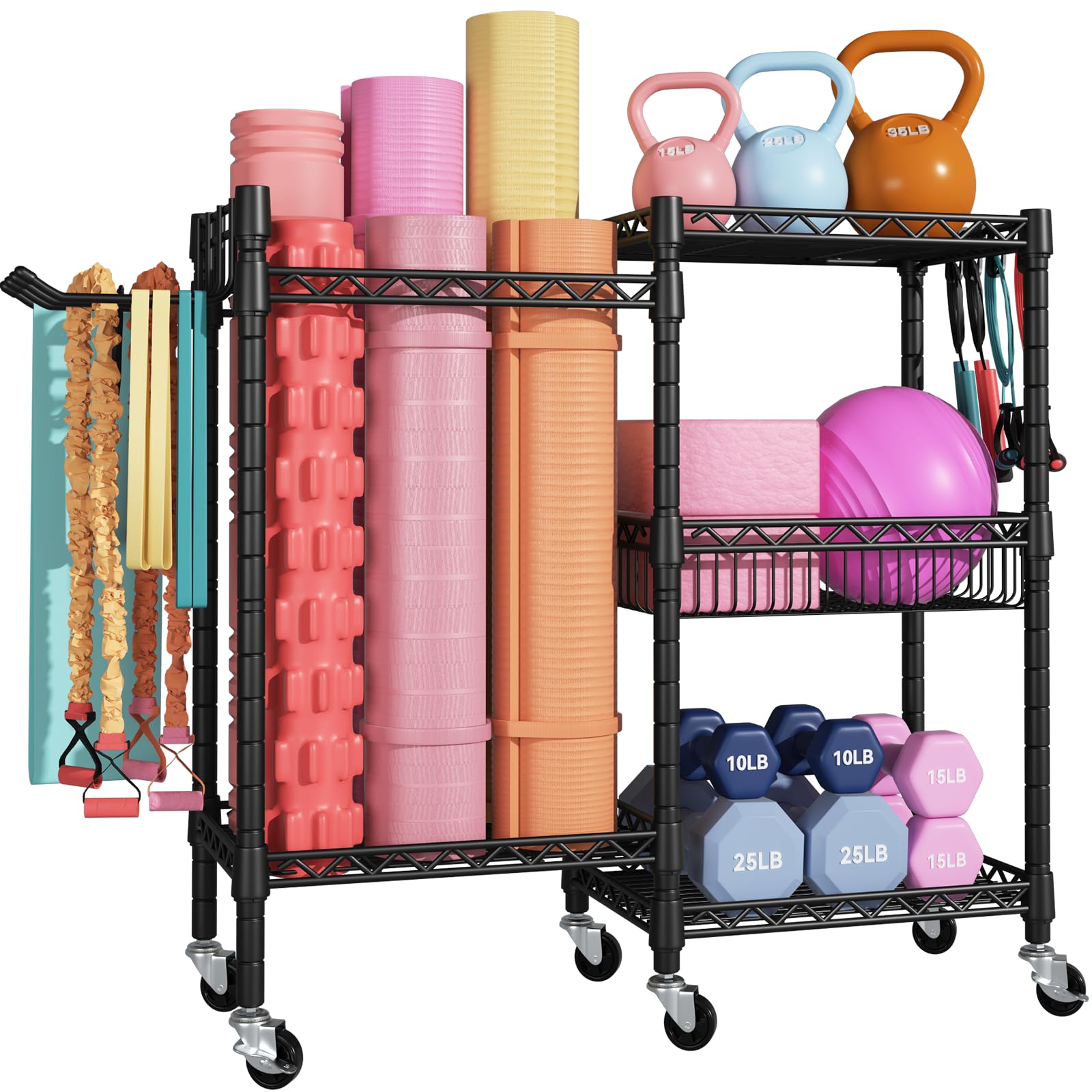 FUTASSI Home Gym Storage, 3 Tiers Workout Equipment Organizer with Wheels for Yoga Mats, Foam Roller, Dumbbells, Kettlebells, and Resistance Bands