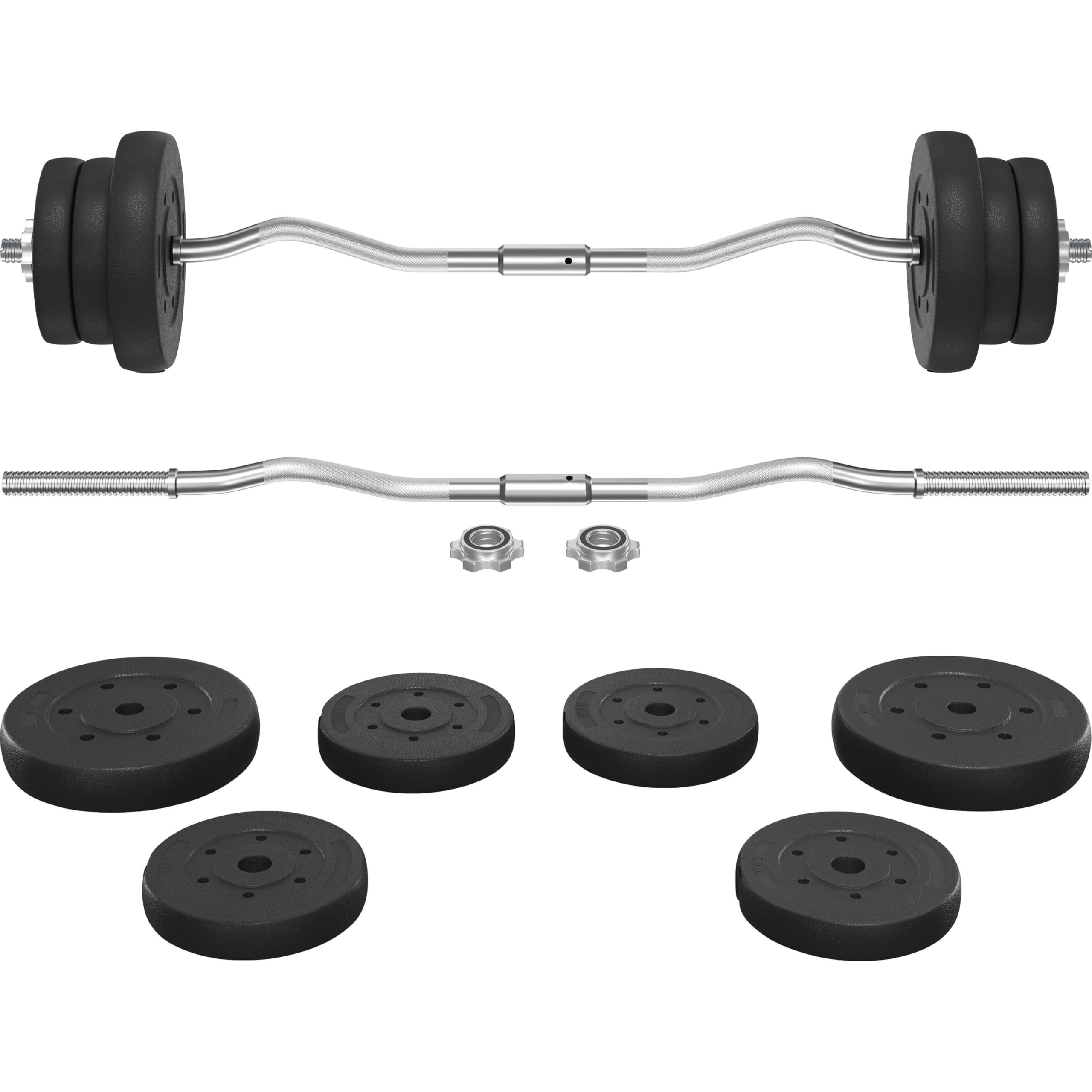Yaheetech Curl Bar with Weights Adjustable W-Shaped Barbell Home Gym Set | Knurled iron bar with concrete-filled hdpe plates, star locks adjust weight for compact, gym-free strength training at home