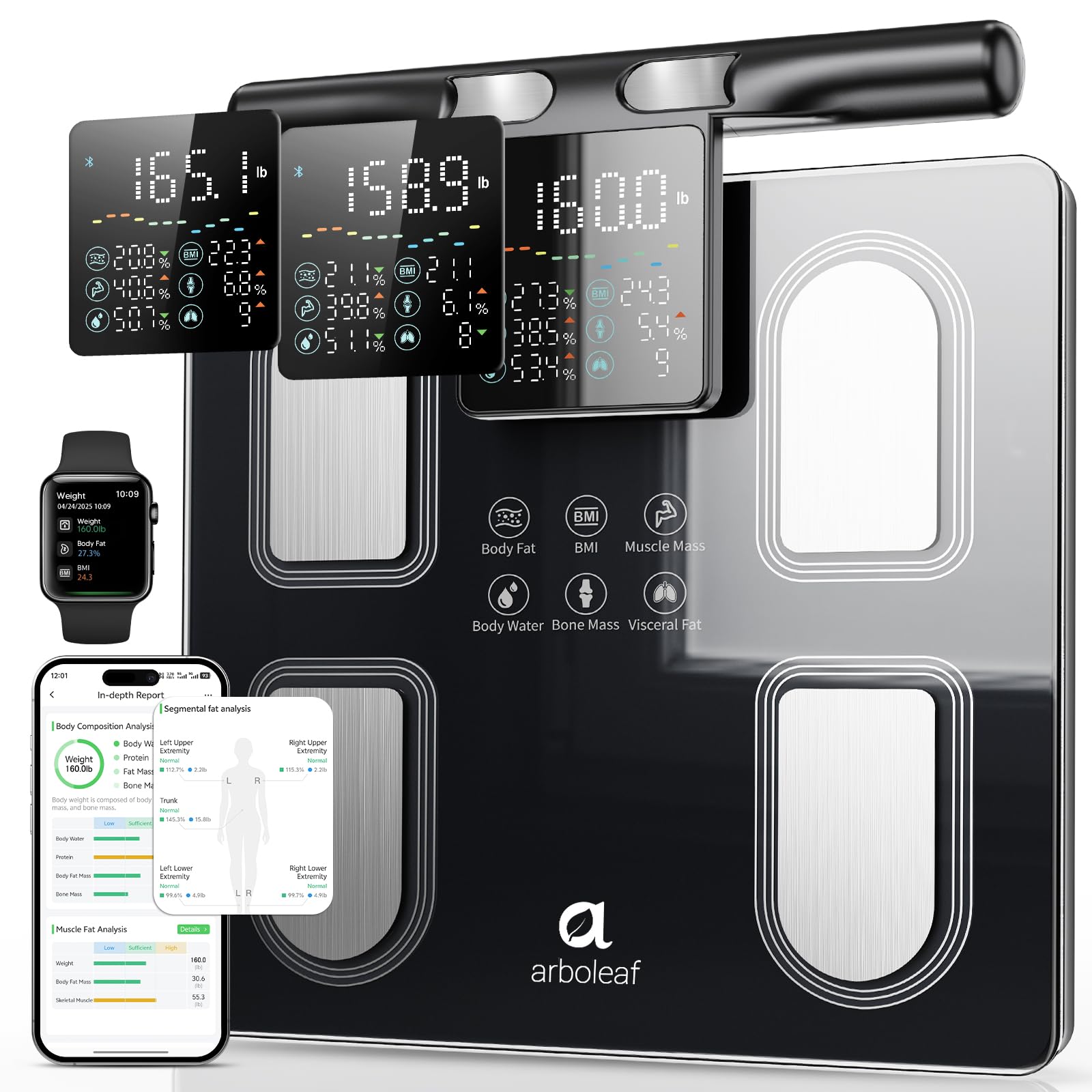 Arboleaf 8-Electrode Body Composition Scale with Handle Display, Black | Eye-level 5.3-inch Display, 50+ Body Metrics, Bluetooth App Sync, and 400 lb Capacity for Everyday Home Fitness Tracking