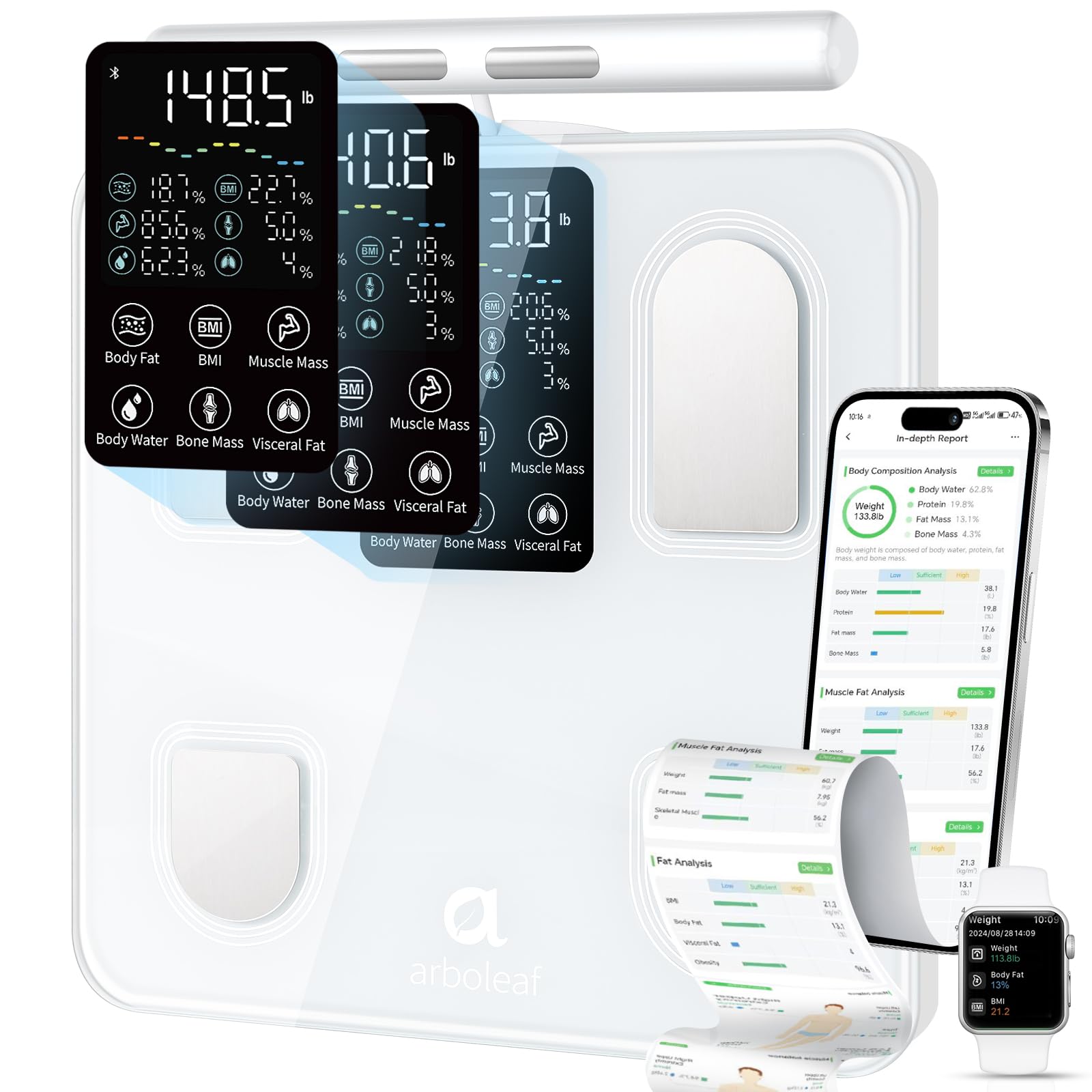 arboleaf Scale for Body Weight, Upgrade 50+ Metrics 8-Electrode Smart Scale with BMI, Body Fat, Muscle Mass, Full Body Composition Analyzer, High Precision Digital Bathroom Scale