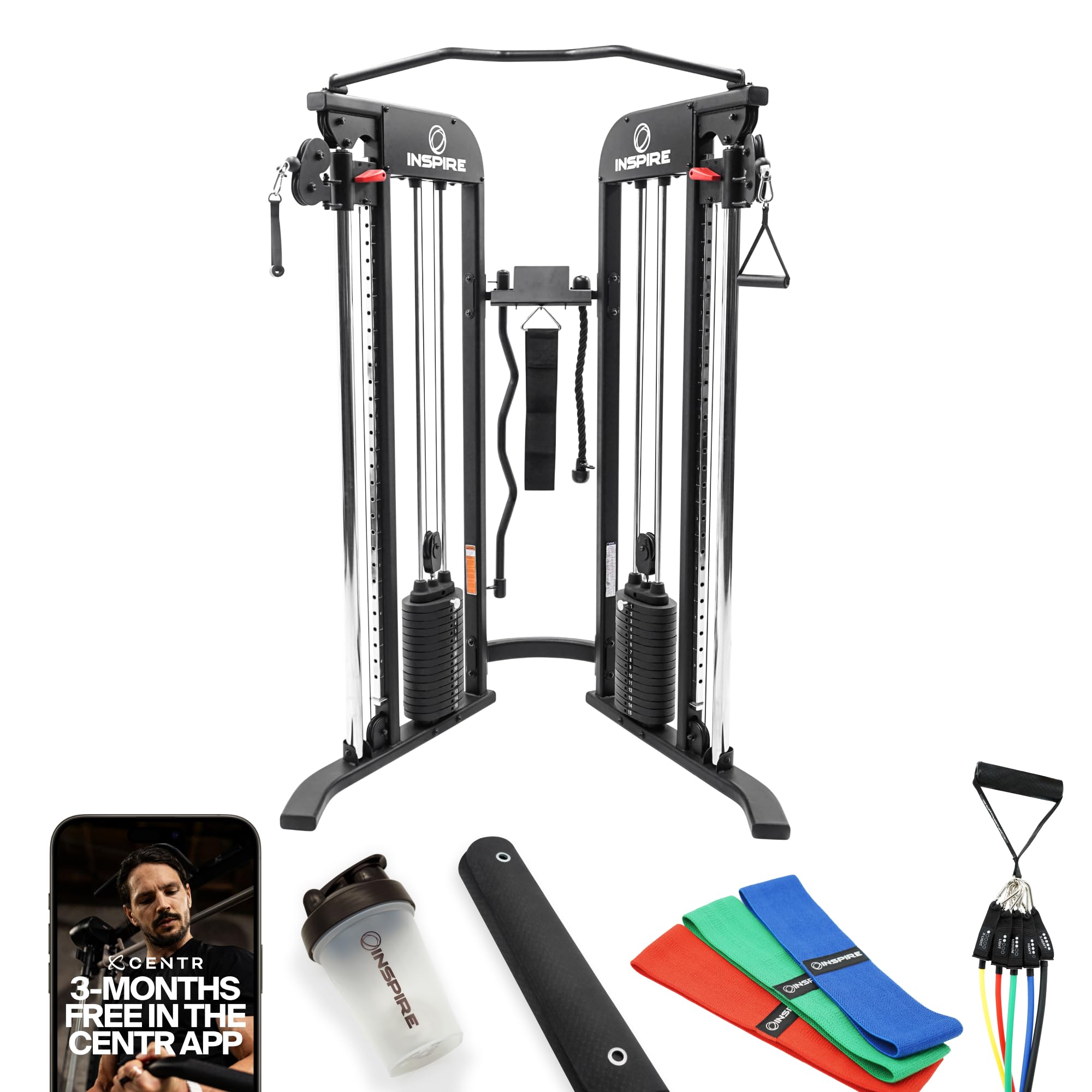 Inspire Fitness FTX Functional Trainer and Fitness Essentials Kit - Compact at Home Workout Machine with Accessories - Space Saving Design - Home Gym Cable Machine