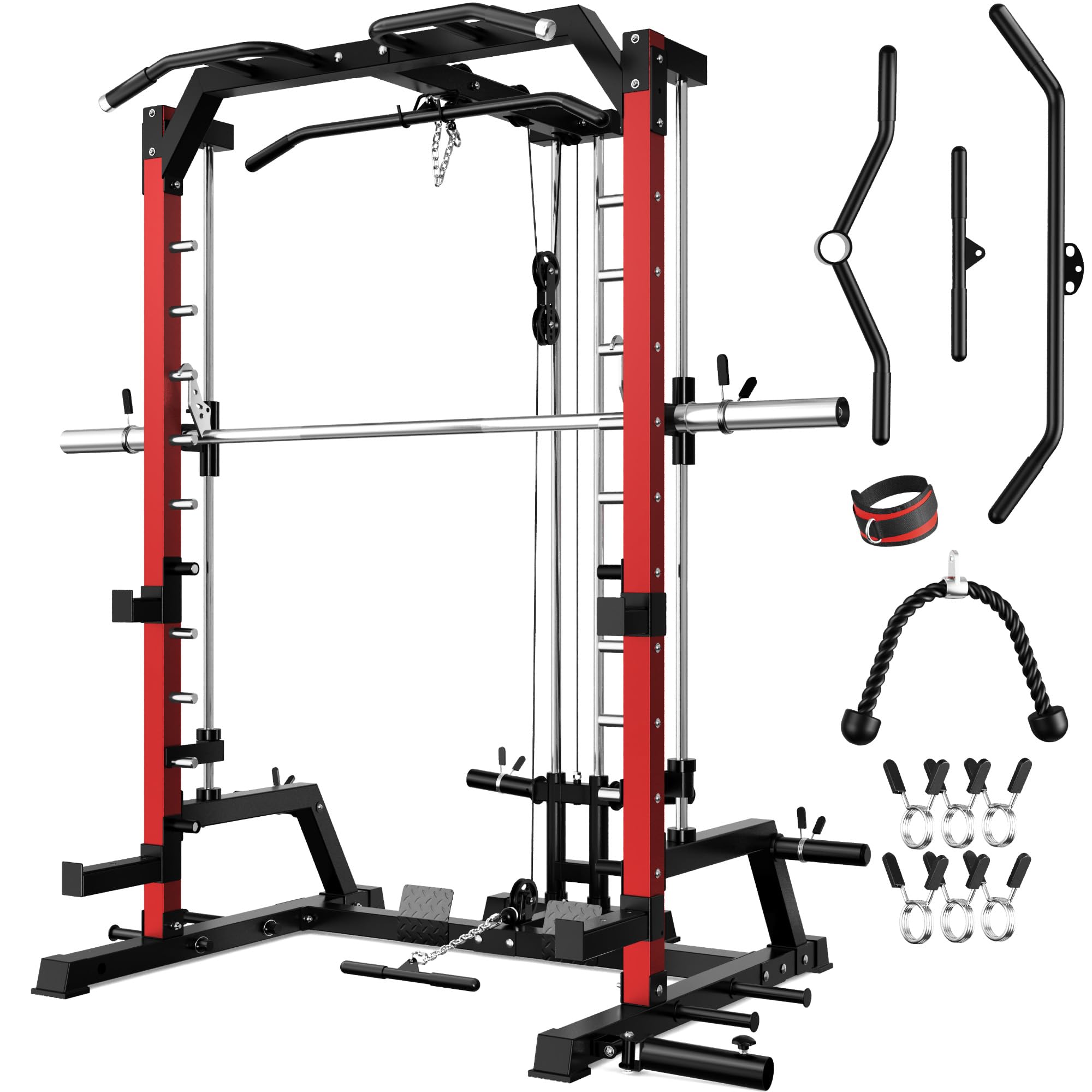 JELENS SR01 Smith Machine, 2000LBS Multi-Function Power Cage with LAT Pulldown System, All-in-One Home Gym Squat Rack with Smith Bar and Training Attachments for Full Body Workouts