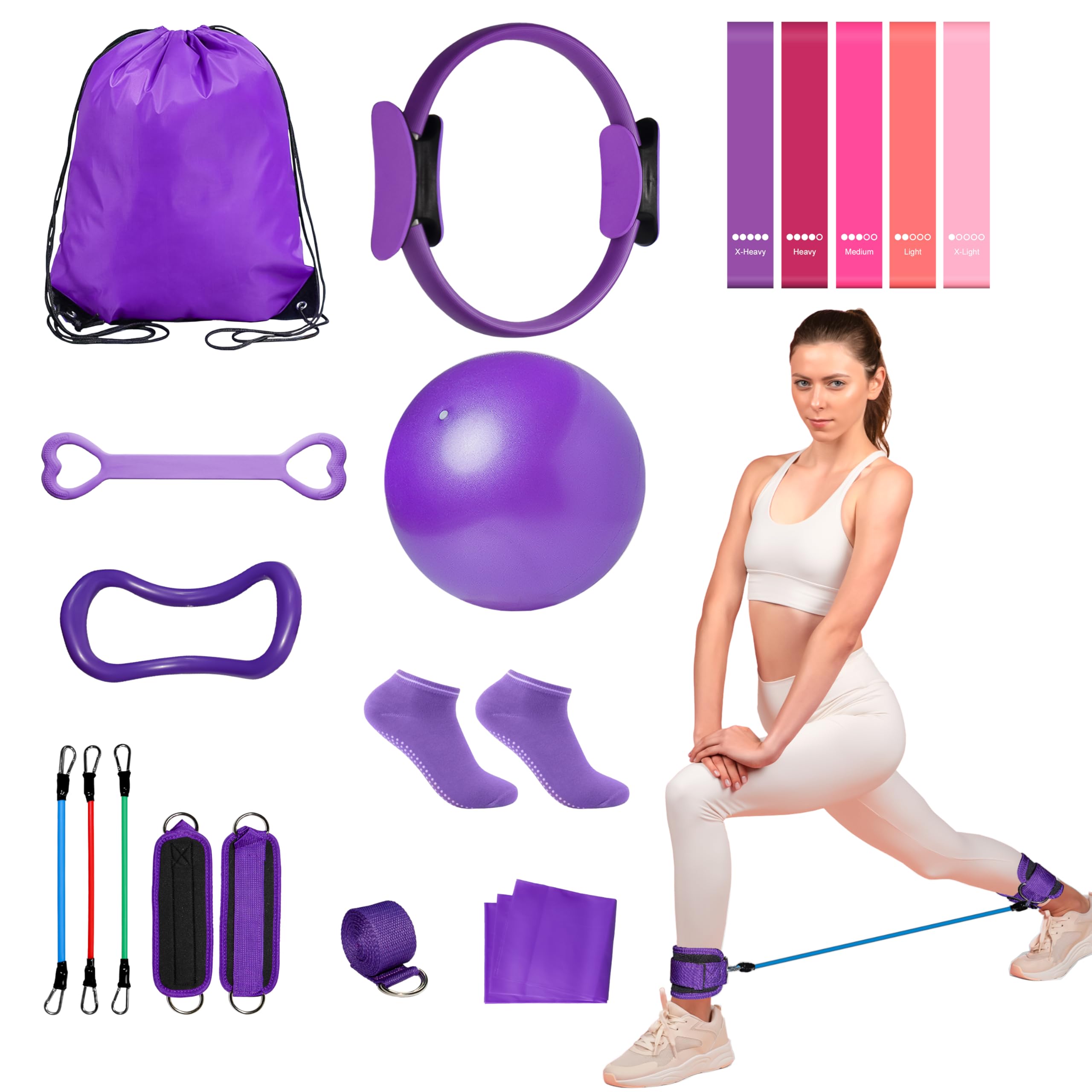 Home Pilates Essentials Kit for Women: 18Pcs Pilates Workout Equipment Set with Pilates Ring, Yoga Ball, Resistance Band, Pilates Fitness Set for Legs Arms, Gym Back Bag, Anti Slip Socks