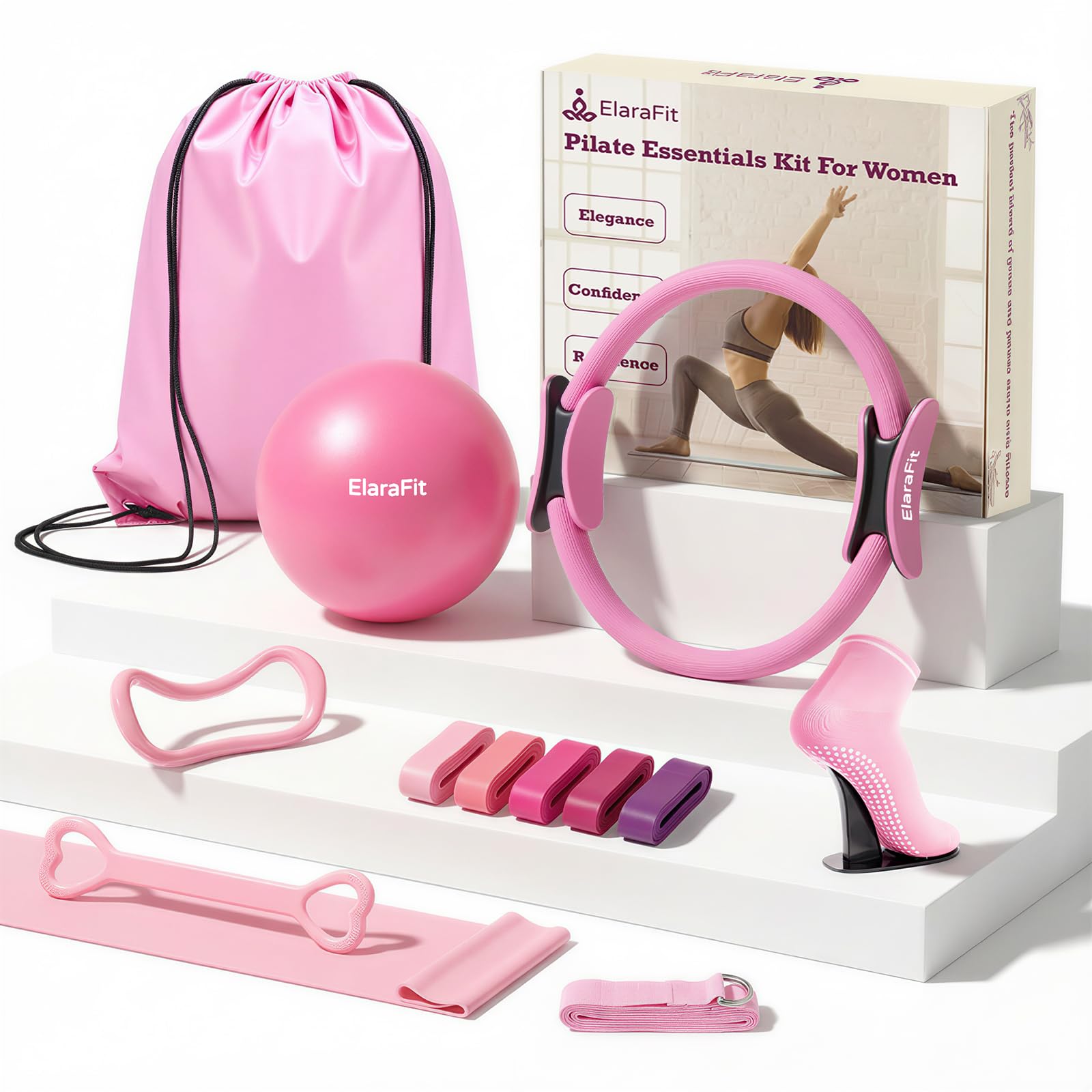 Home Pilates Ring and Ball Set for Women with 5 Resistance Bands 13 inch Magic Circle Workout Starter Kit for Beginners Full Body Toning 15 Min Daily Routine