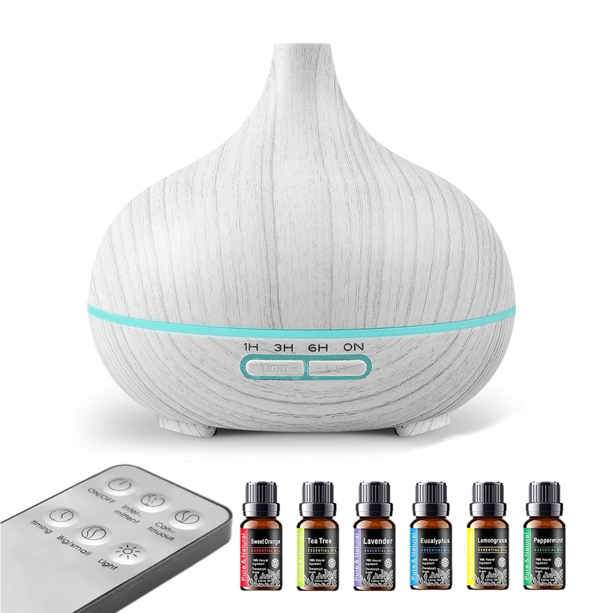 550ml Large Capacity Essential Oil Diffuser with 6 Aromatherapy Oils,Humidifier for Home Decor,Diffuser with Remote Control,7 Color LED Light for Yoga Gym Office Decoration (White Wood Grain)