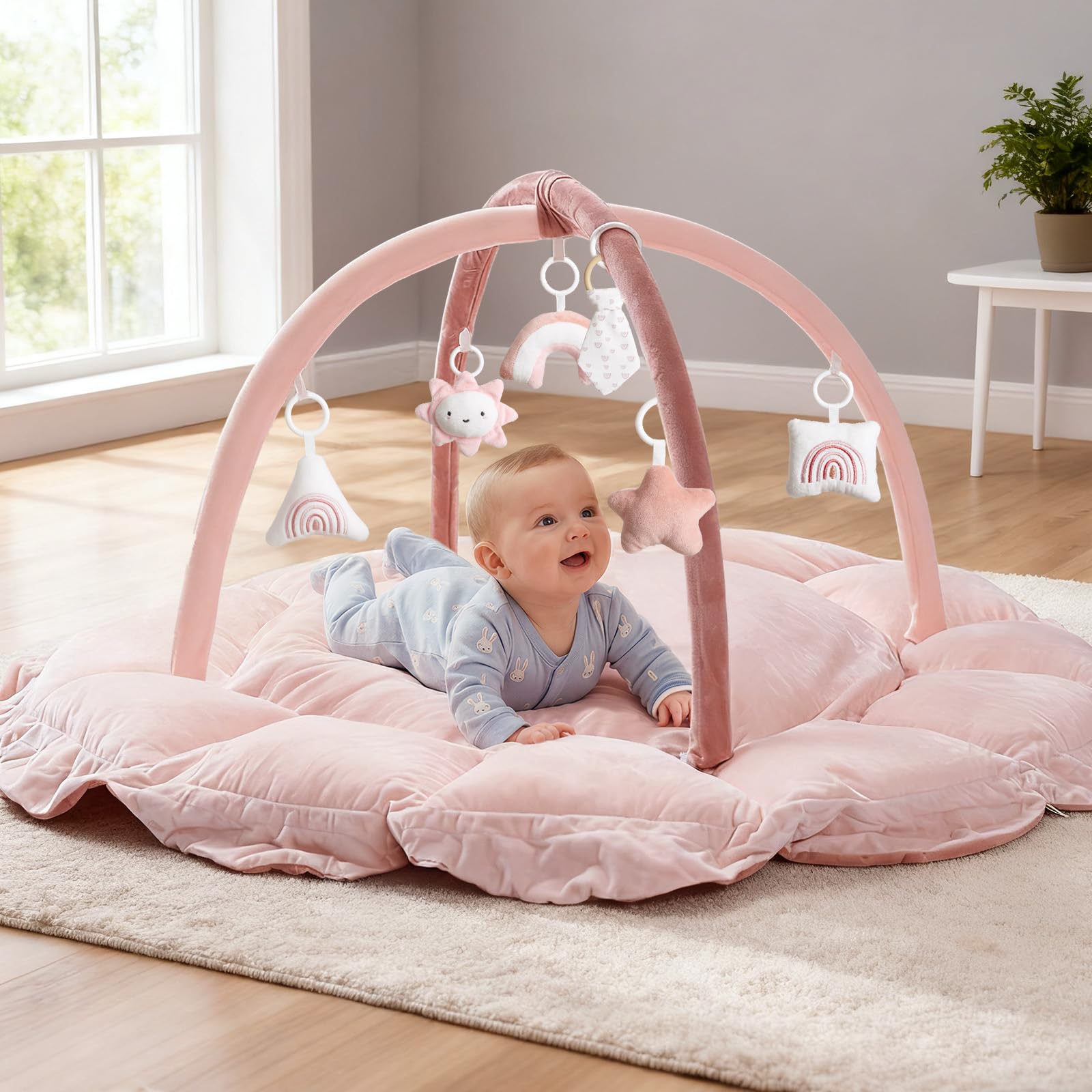 Mallify 5-in-1 Thick Plush Baby Play Gym Mat, Tummy Time Mat with 6 Sensory Toys, Baby Play Mat, Convertible Baby Gym for Stage-Based Development from Babies to Toddlers, Baby Essentials Gift, Pink