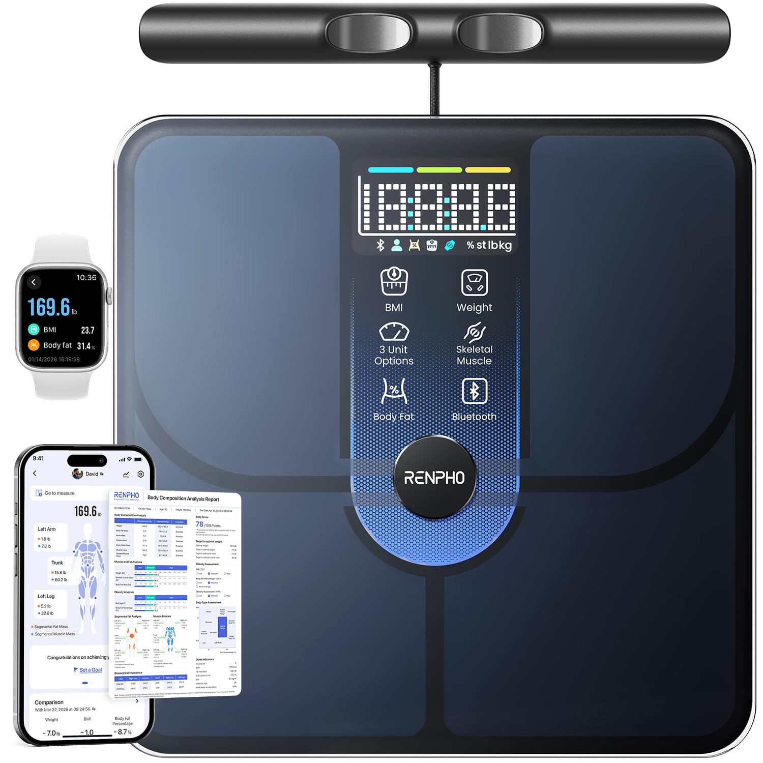 RENPHO Smart Scale, Body Composition Scale with Handle, 8-Electrode Bathroom Scale for Body Weight, BMI, Muscle Mass, Body Fat Measurement Device with Bluetooth, Morphoscan Lite