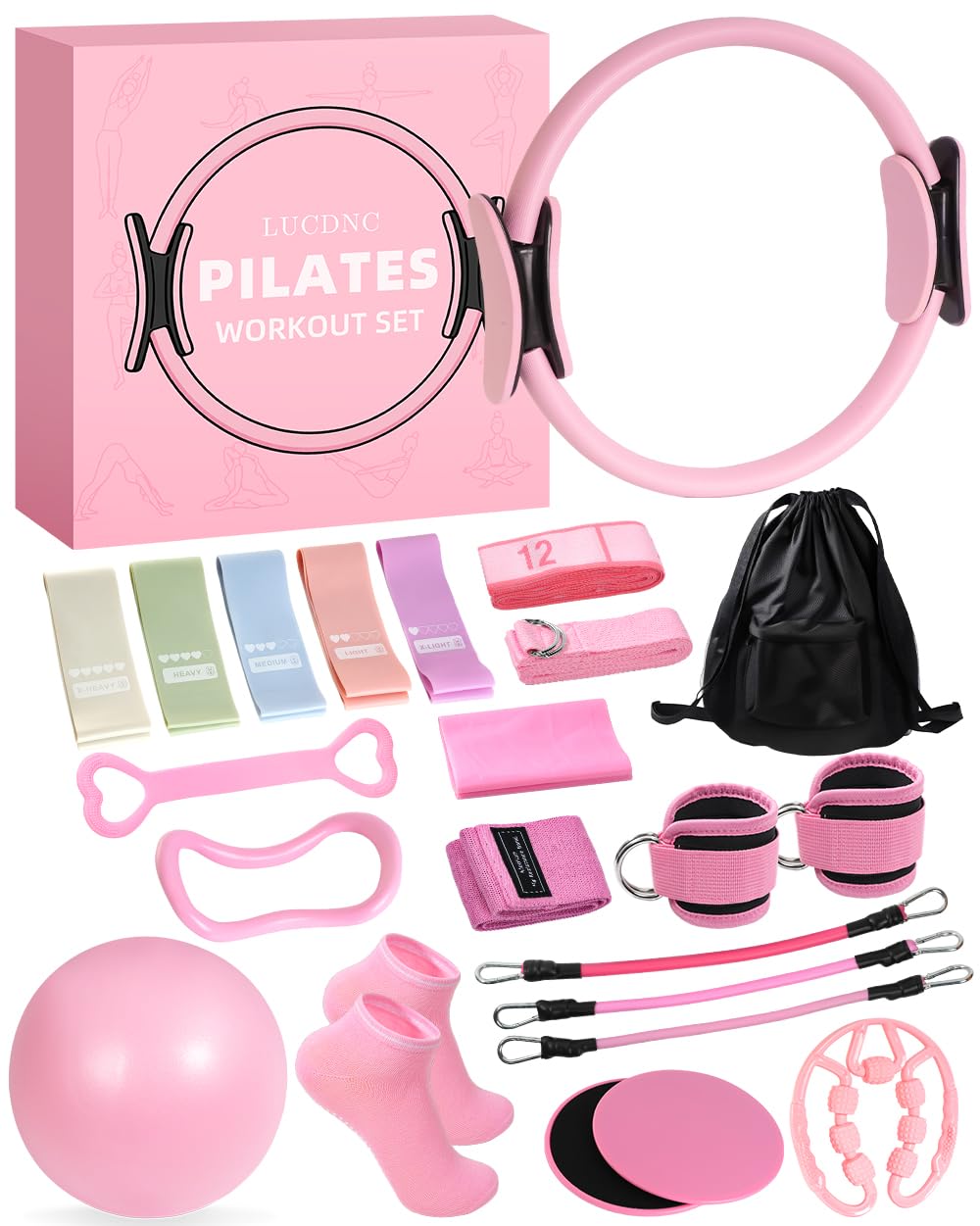 lucdnc Pilates Kit for Home,24 pcs Workouts Sets for Women 14”Pilates Circles 8" Yoga Ball, Resistance Band for Ankle,Back,Legs,Glutes,Pilates Equipment Ideal for Home Gym & Travel Fitness Essentials