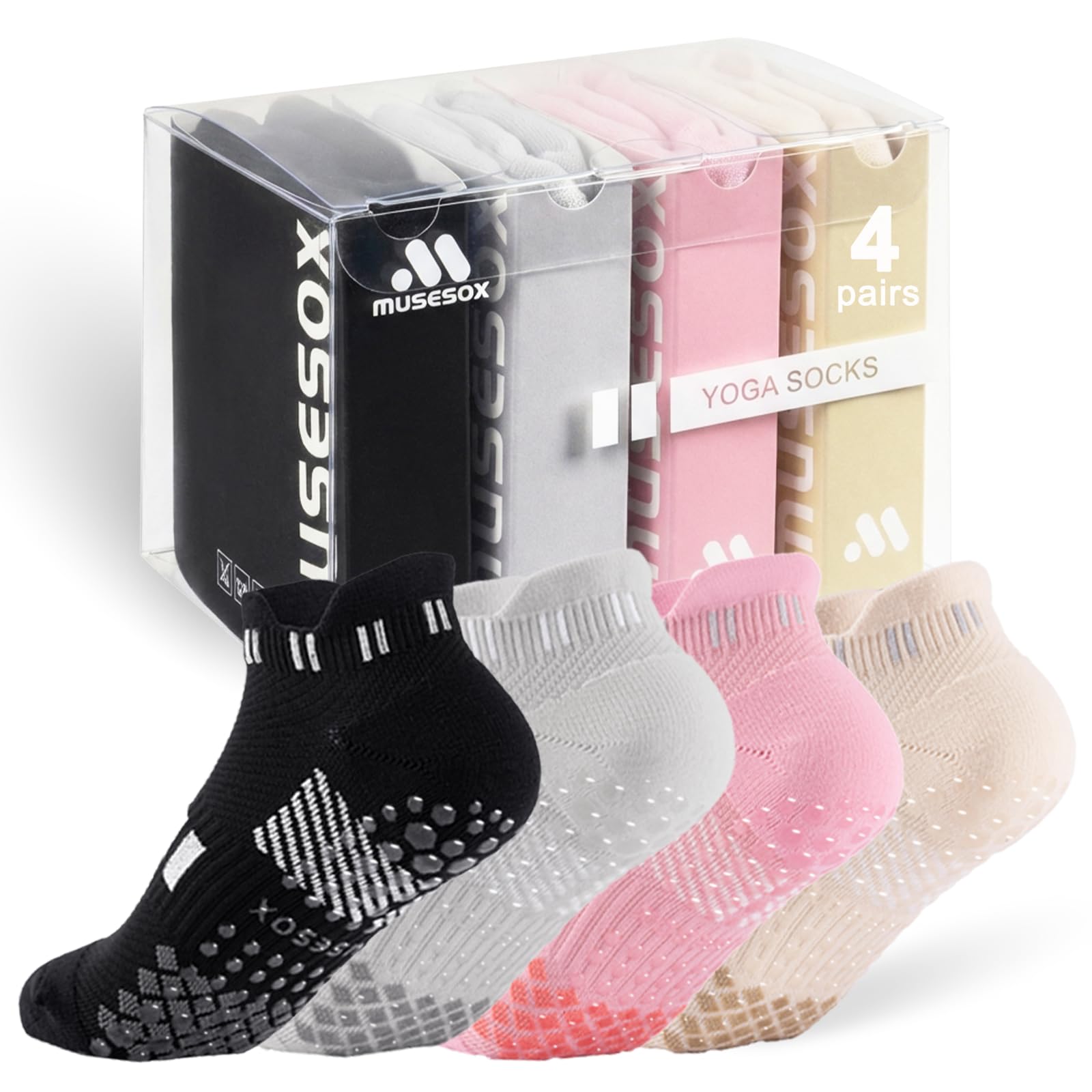4 Pairs Non-Slip Pilates Socks for Women with grips,Grippy Ankle Socks for Yoga,Barre,Hospital,Gym,Dance