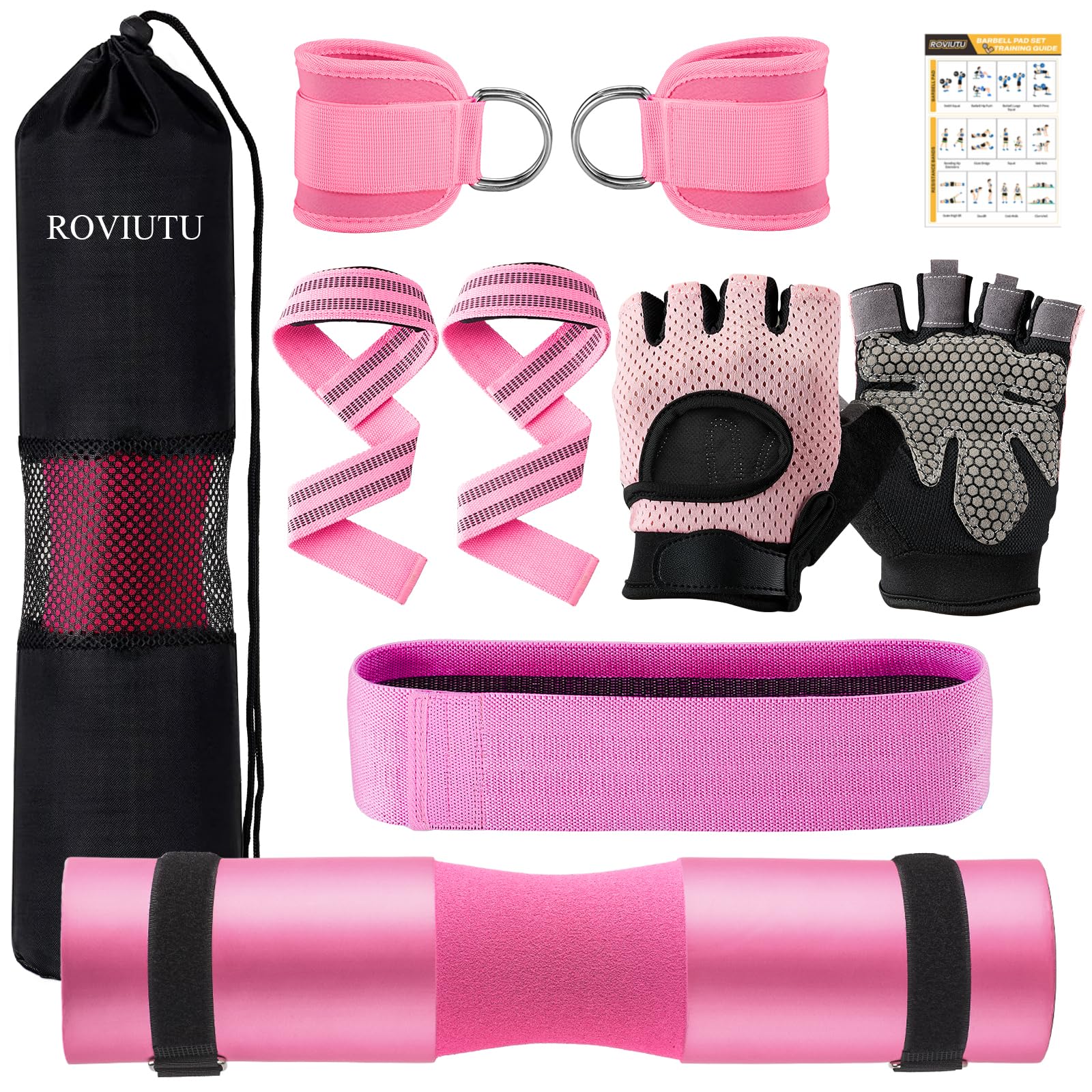 Barbell Pad Set,10 Pcs Barbell Pads for Hip Thrust Squat & Lunges Support,with 2 Workout Ankle Straps, 2 Gym Straps Weight Lifting, 2 Gym Gloves, Resistance Band, Olympic Bar Pad,Carry Bag
