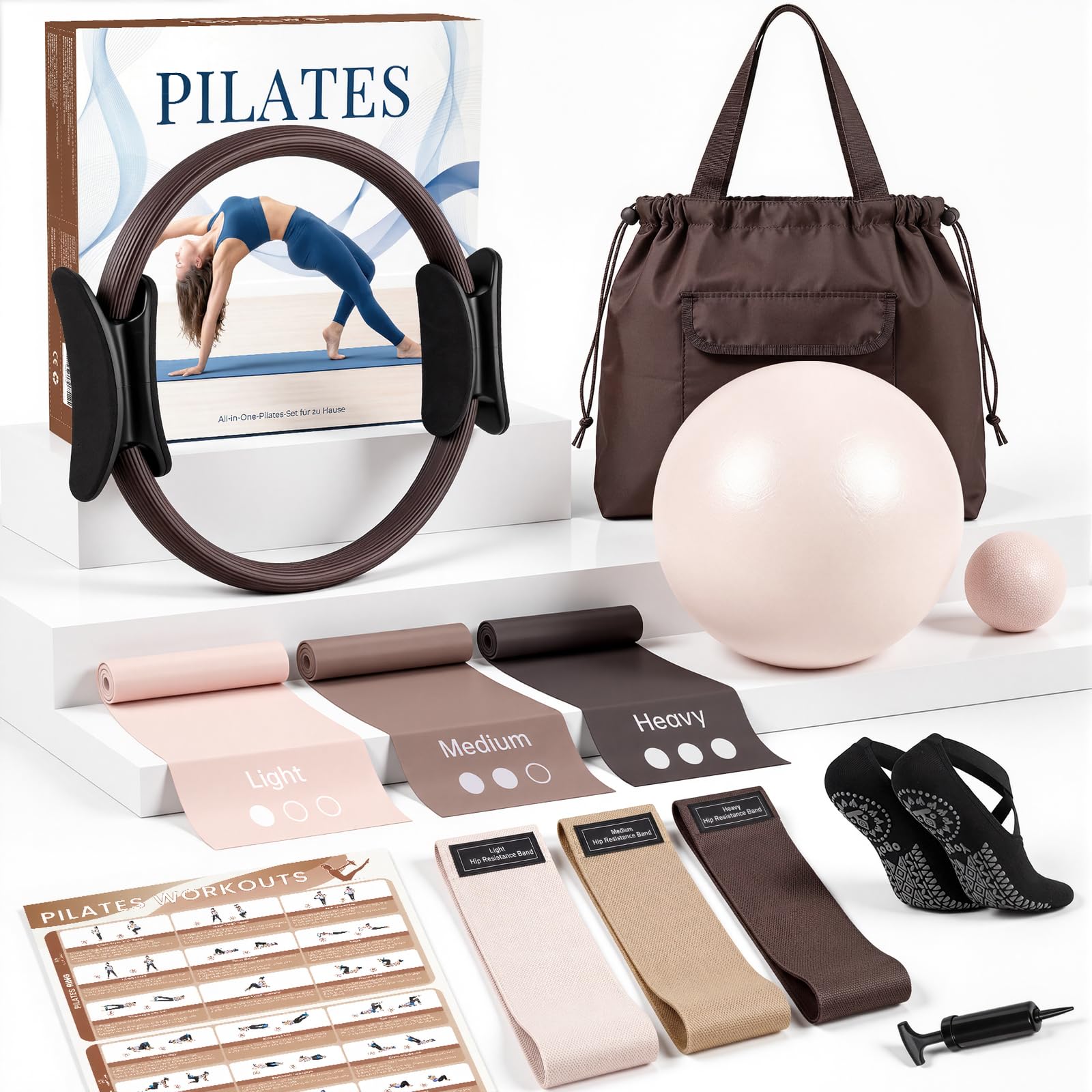GINMIC Pilates Kit, Pilates Equipment for Home Workouts, at Home Pilates Set with Complete Accessories: Pilates Ring, Pilates Ball, Long and Loop Resistance Bands, Socks, Massage Ball, Guide & Bag