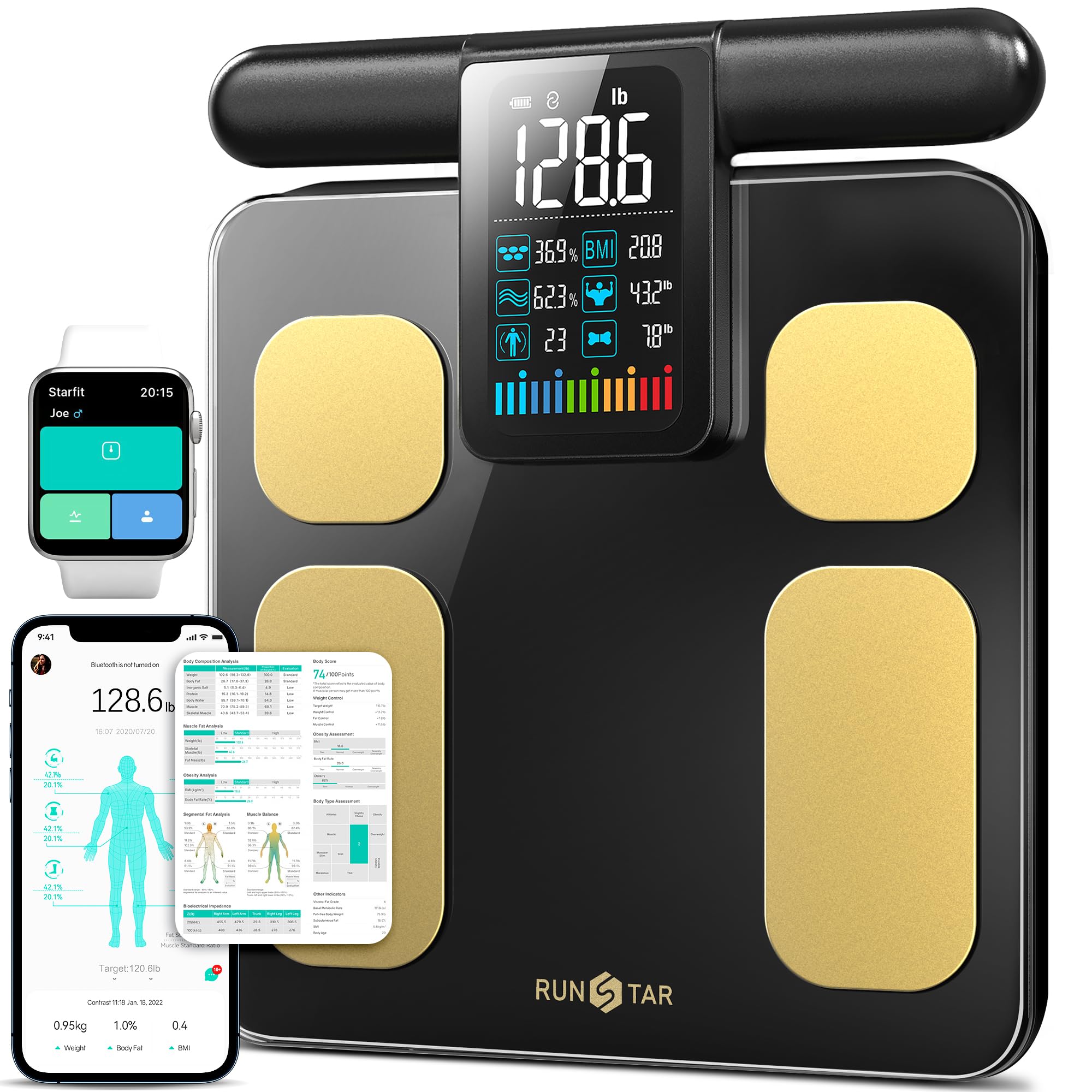 RunStar 8-Electrode Scale for Body Weight, Accurate Body Composition Scale with BMI Body Fat Muscle Mass over 50 Metrics, Rechargeable Body Analyzer with Large Colorful Screen Handle, 400lb, BlackGold