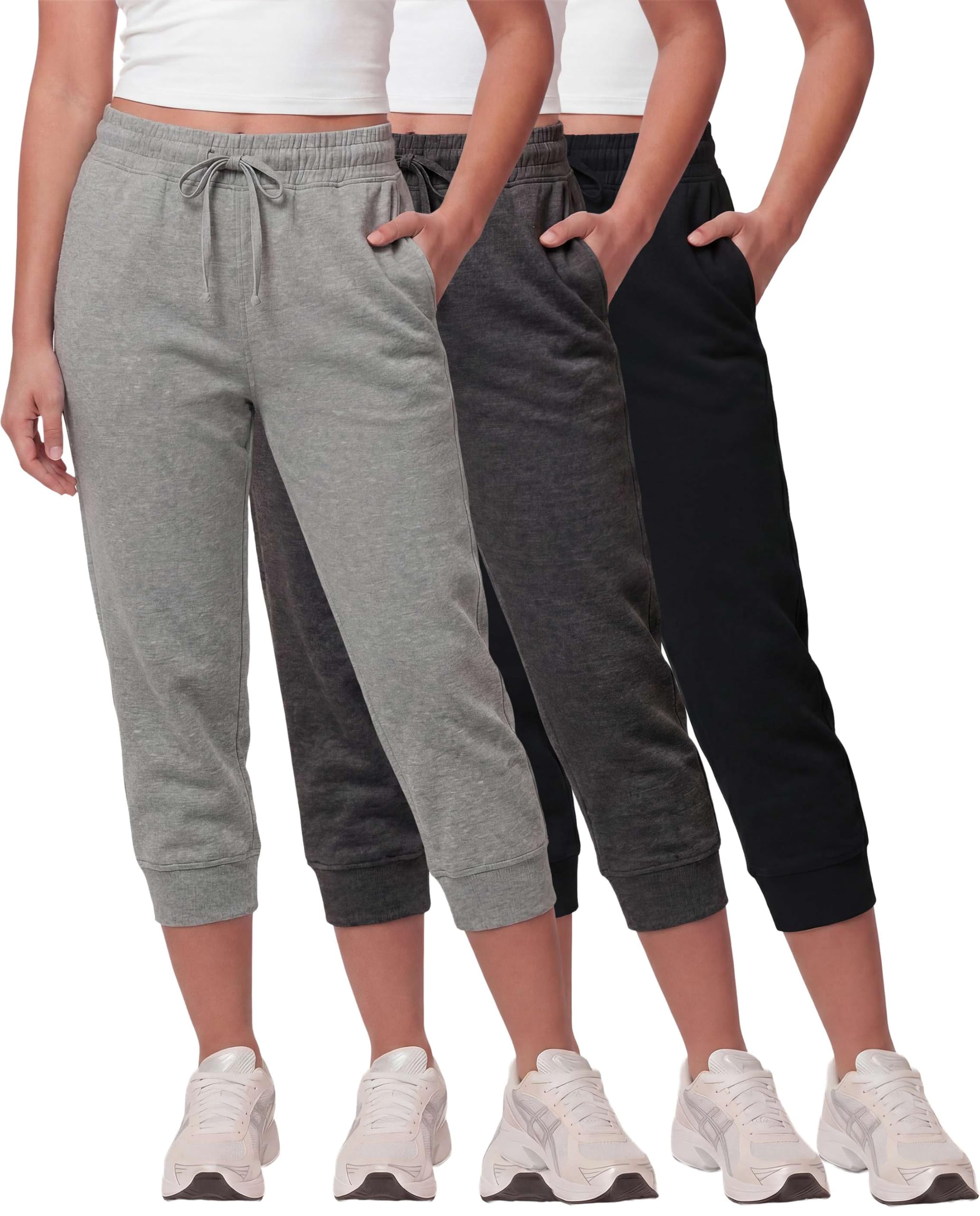Real Essentials 3 Pack: Women’s Fleece Capri Joggers Athletic Lounge Gym Running Sweatpants with Pockets (Available in Plus)