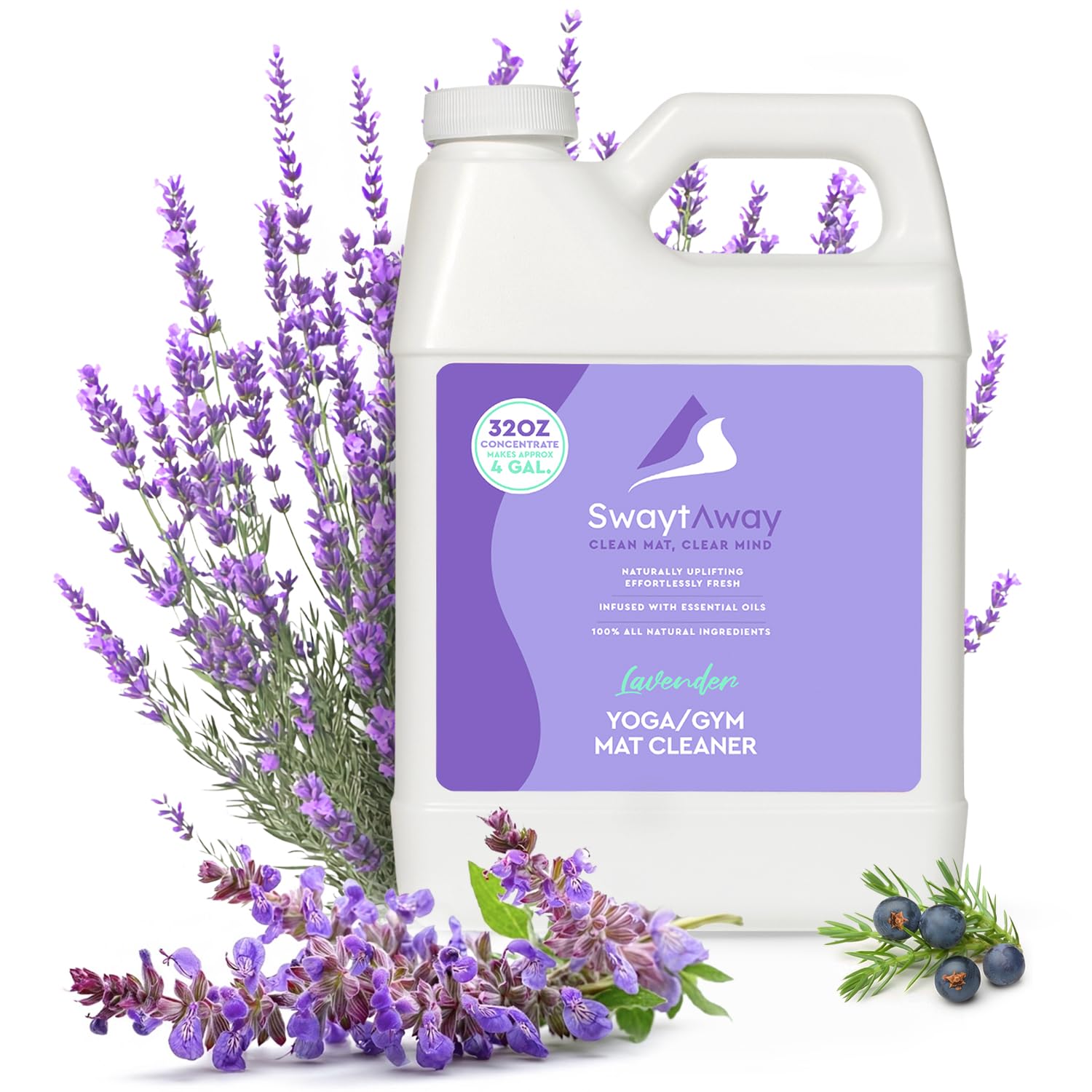 SwaytAway Fitness Mat Cleaner Concentrate – 32oz/Make 4 Gal - No-Slip No-Residue Lavender Essential Oil Formula – USA Made Aromatherapy Yoga Mat Spray for Home & Studio – Natural Cleaning Solution