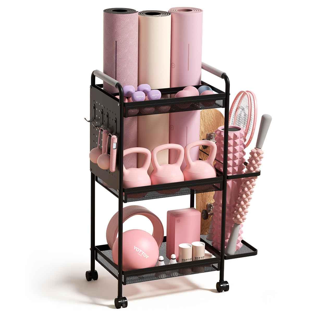 YOTTOY 3-Tier Gym Storage Rack for Home Gym–Multi-Functional Weight Rack, Dumbbell Rack, Yoga Mat Holder with Side Basket & 6 Hooks, Gym Equipment Organizer