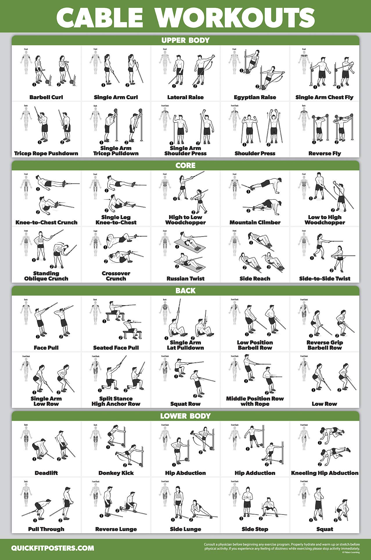QUICKFIT Workout Poster Cable Machine, an Exercise Chart for Cable Training Station, Laminated, Gym, 18" x 24"