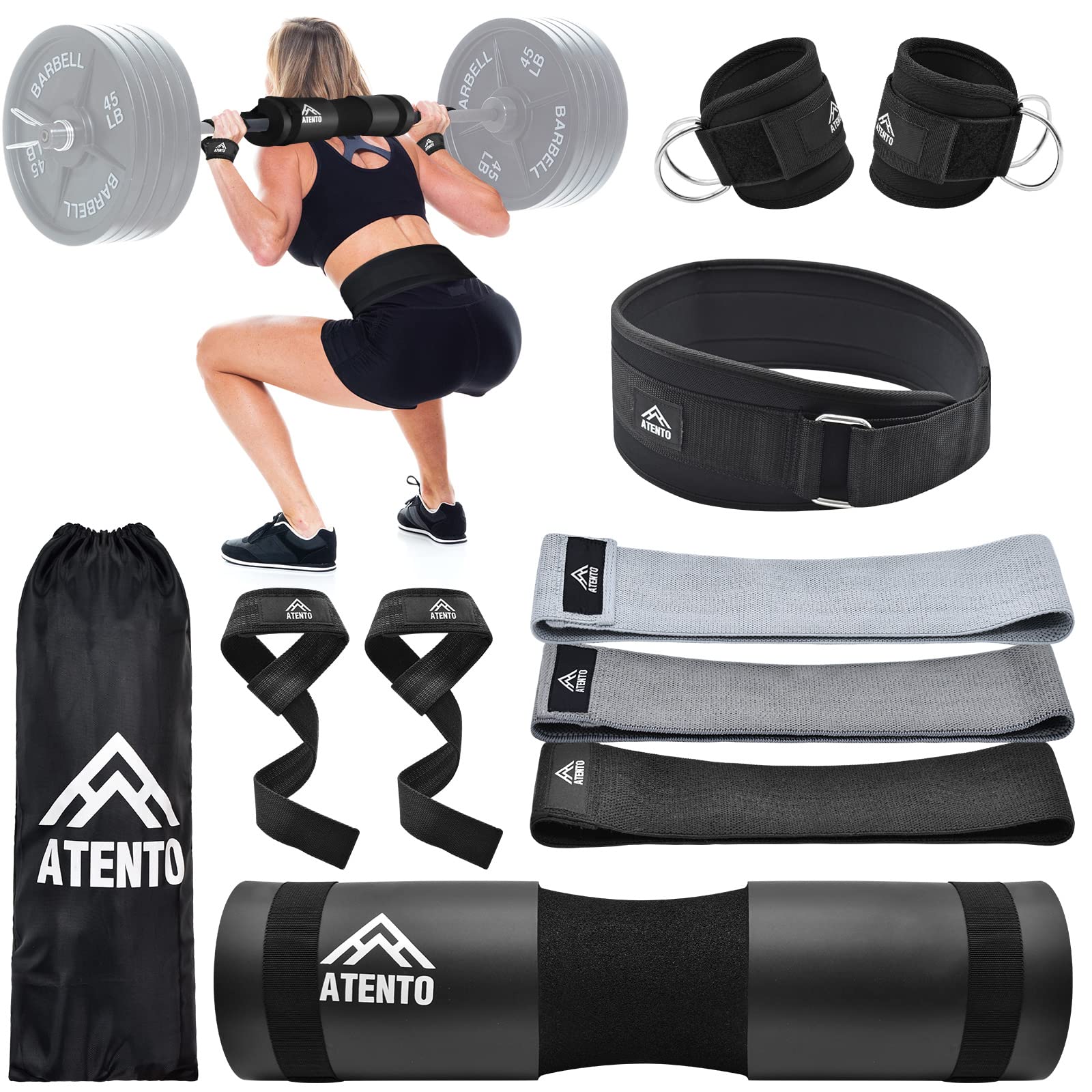 ATENTO 10Pcs Barbell Pad Set with Weight Lifting Belt, Thick Cushion Hip Thrust Pad for Bench Press, Lunges, Workout, Leg Exercise, Squat Bar Pad for Relief Pressure from Neck & Shoulder for Smith machine & Olympic Bars, with 2 Gym Ankle Straps, Hip Resistance Band, Carry Bag